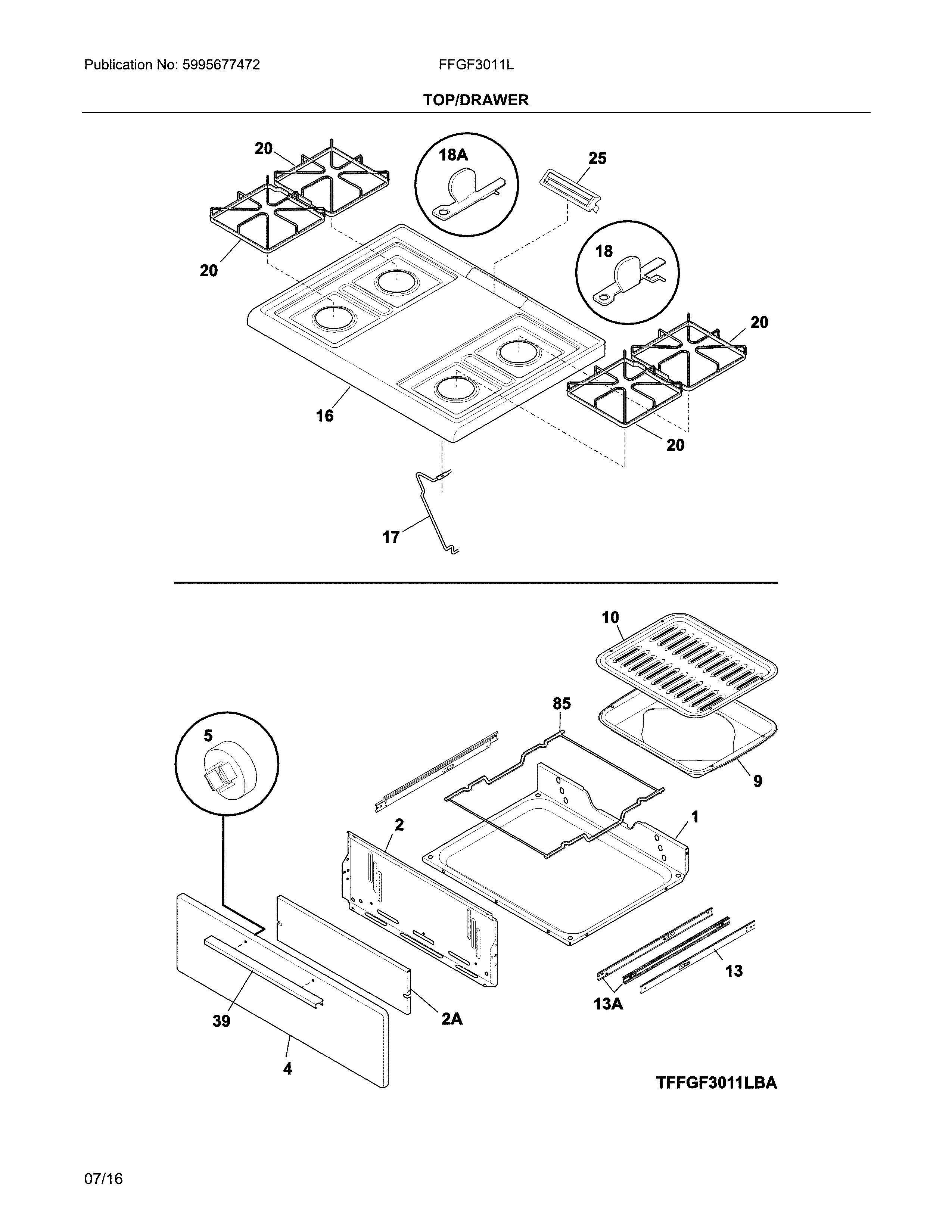 Frigidaire FFGF3011LWH top/drawer diagram