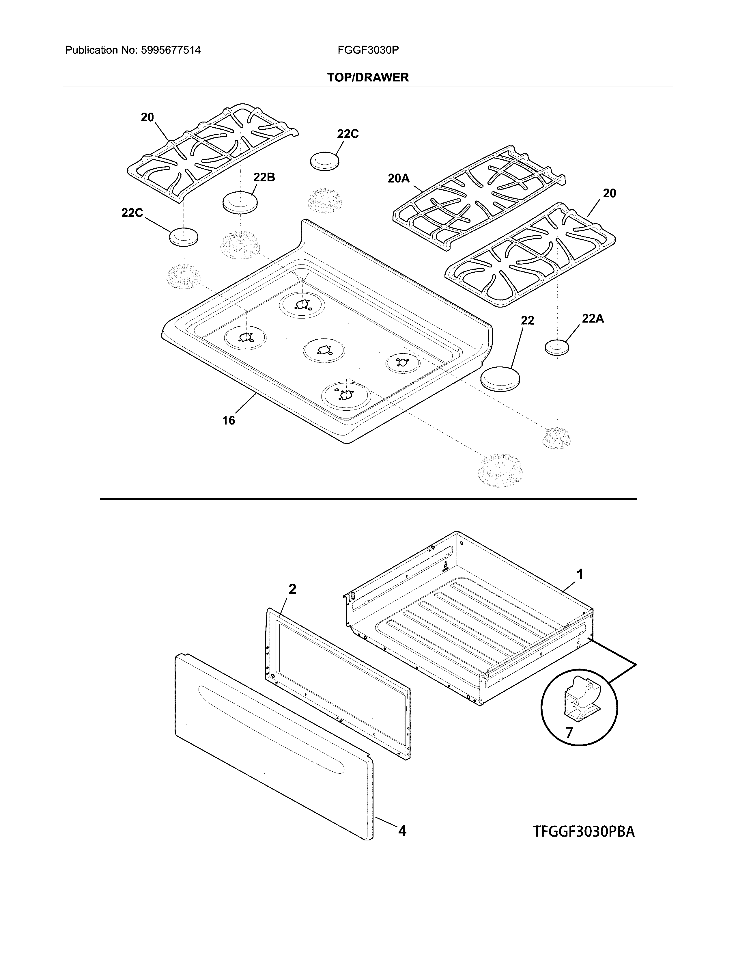 Frigidaire FGGF3030PBC top/drawer diagram