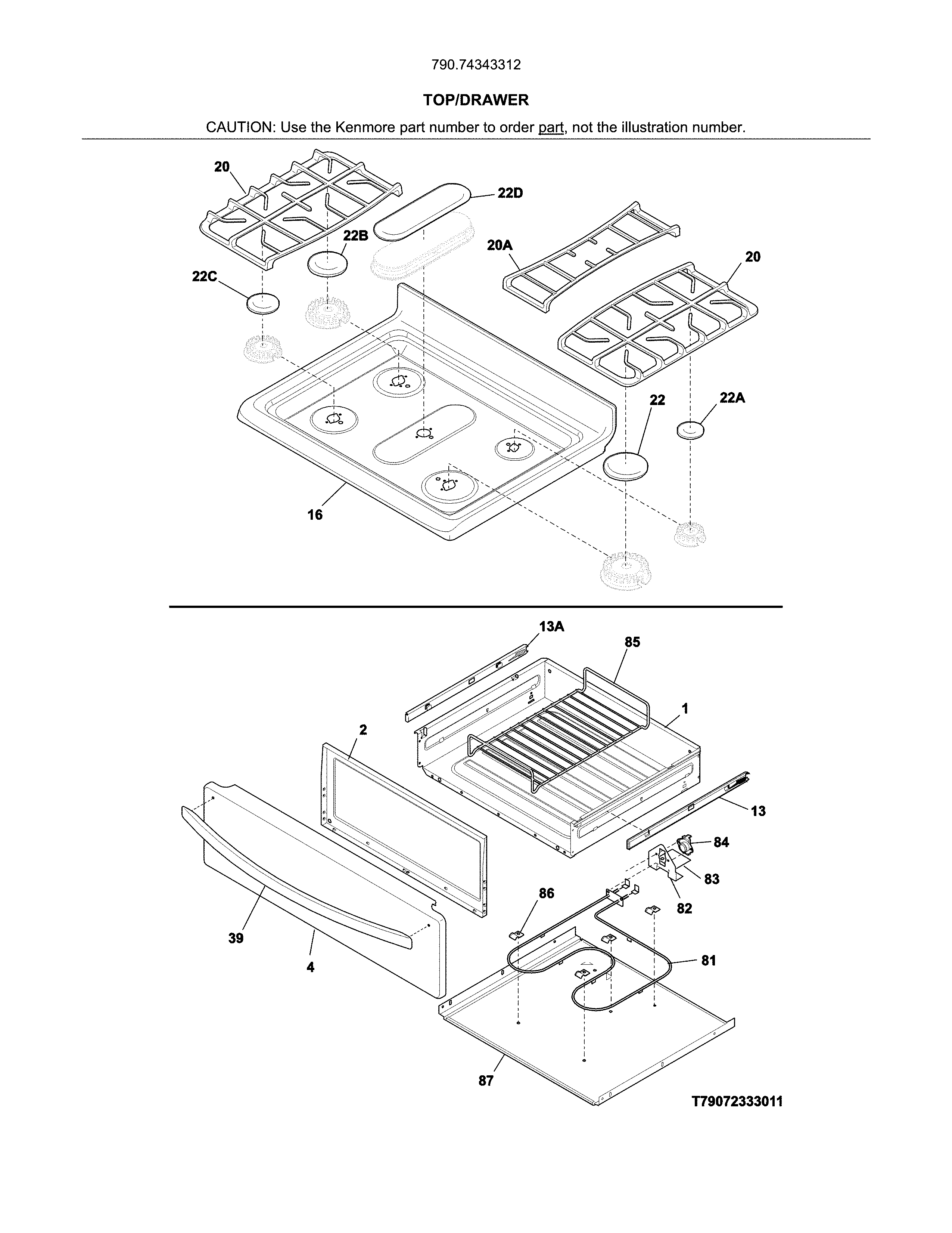 Kenmore 79074343312 top/drawer diagram