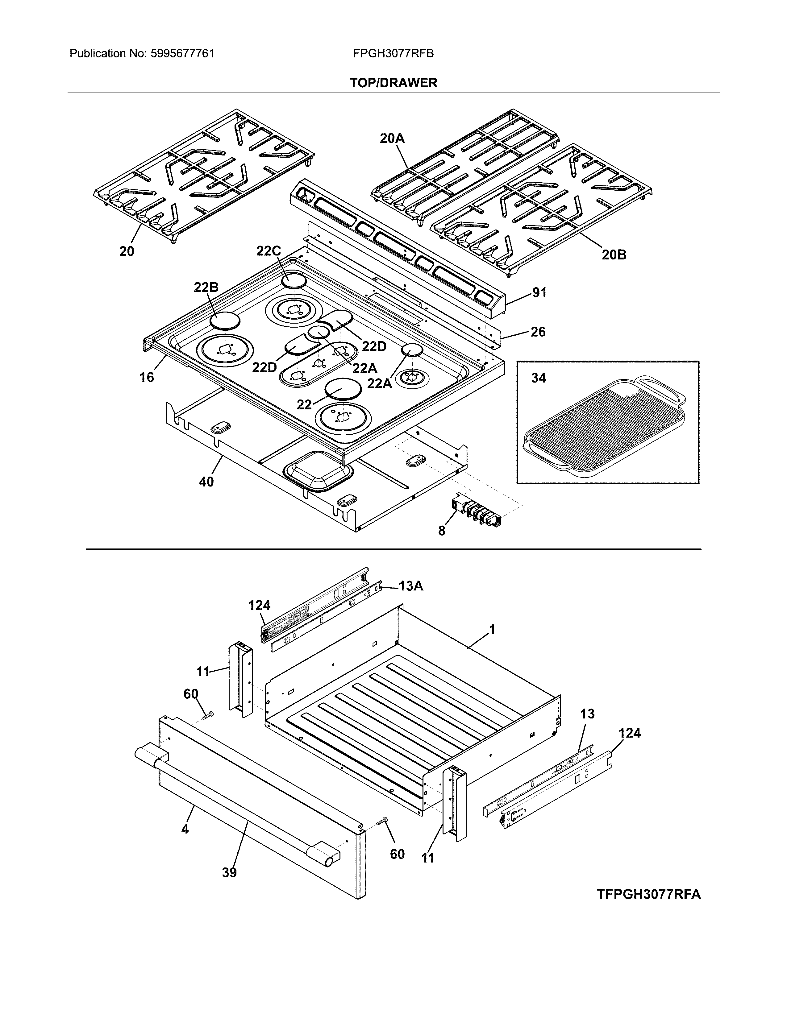 Frigidaire FPGH3077RFB top/drawer diagram