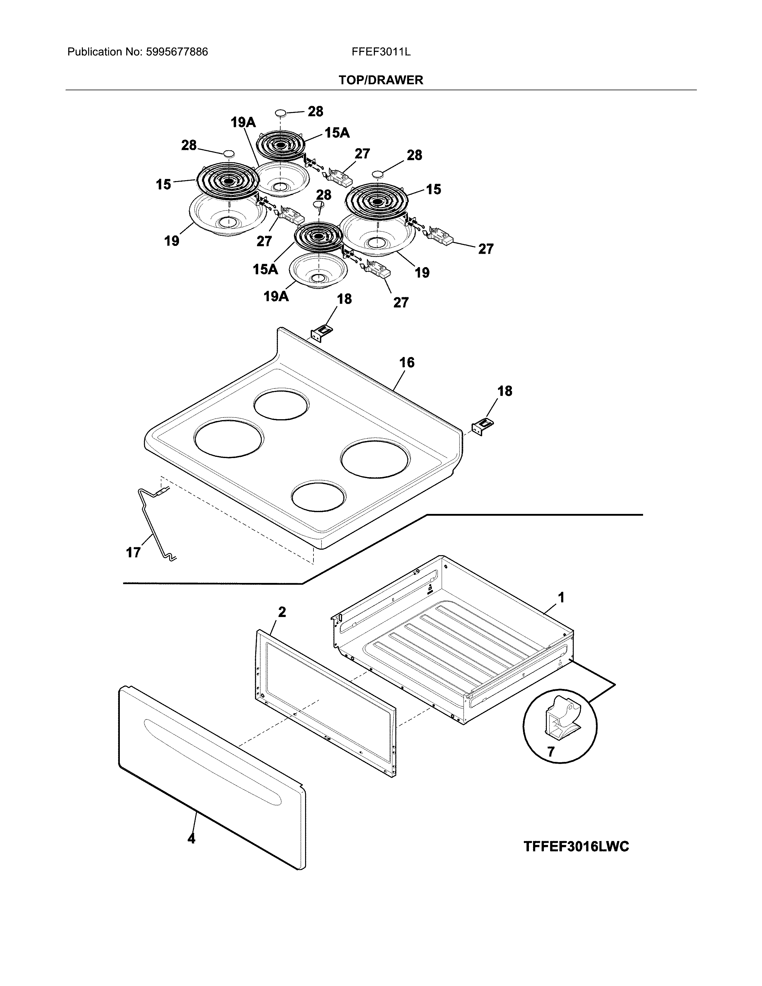 Frigidaire FFEF3011LWH top/drawer diagram