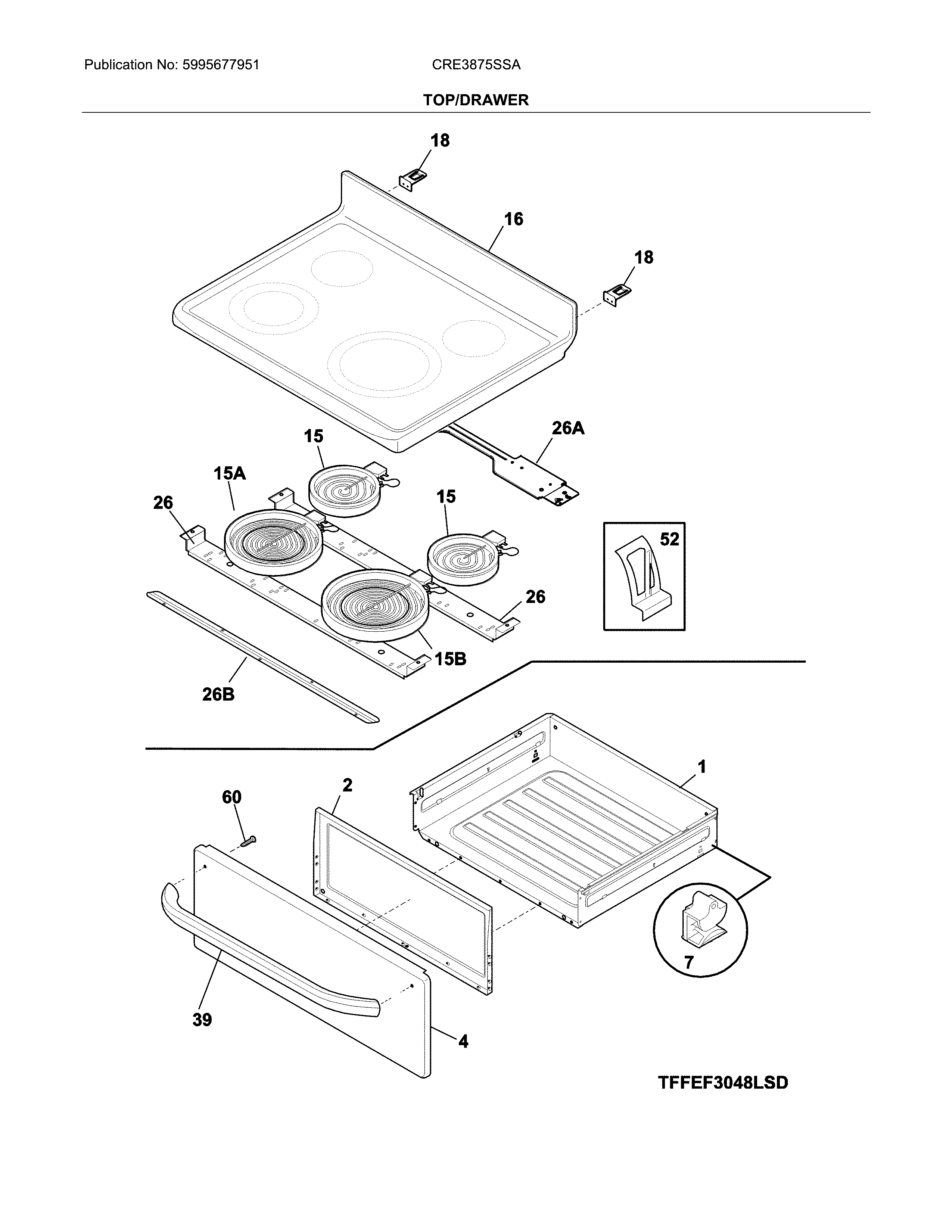 Crosley CRE3875SSA top/drawer diagram