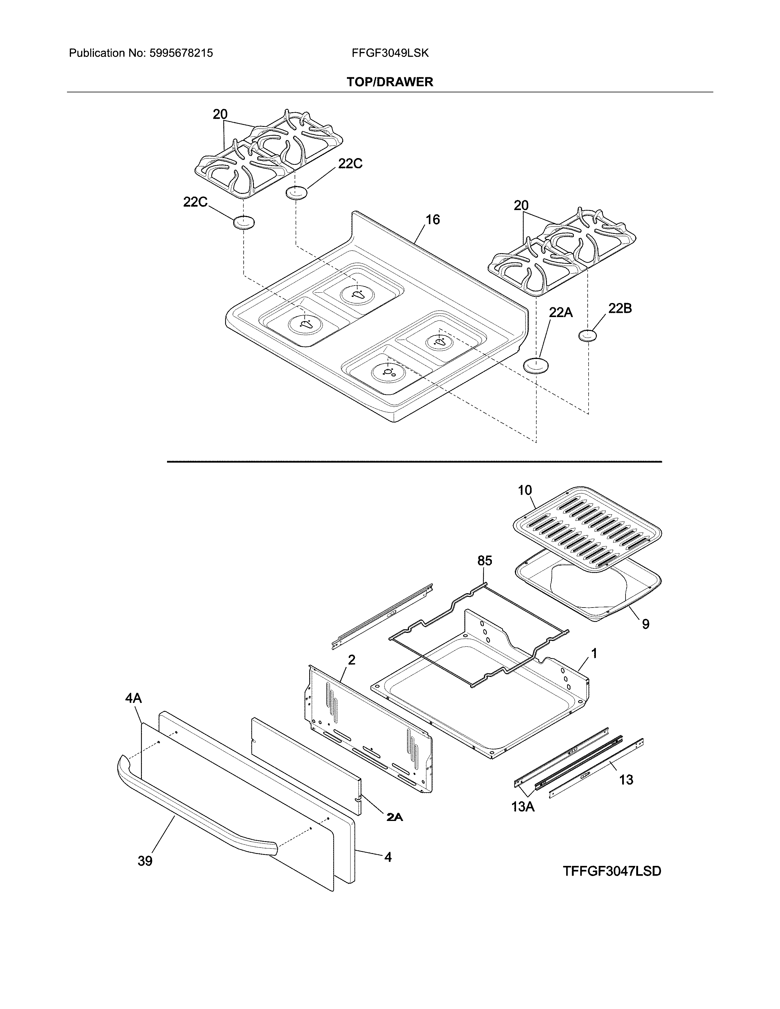 Frigidaire FFGF3049LSK top/drawer diagram