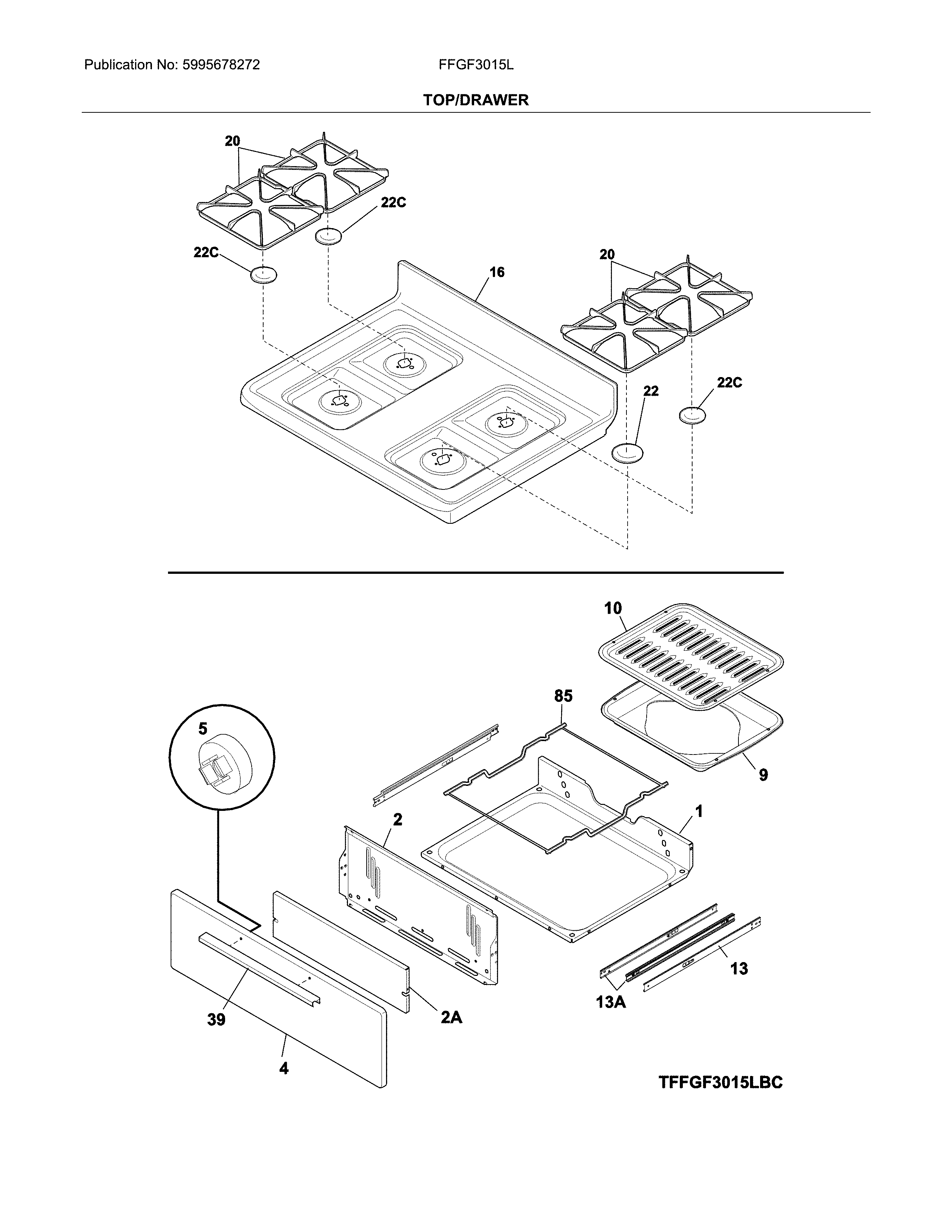 Frigidaire FFGF3015LBG top/drawer diagram