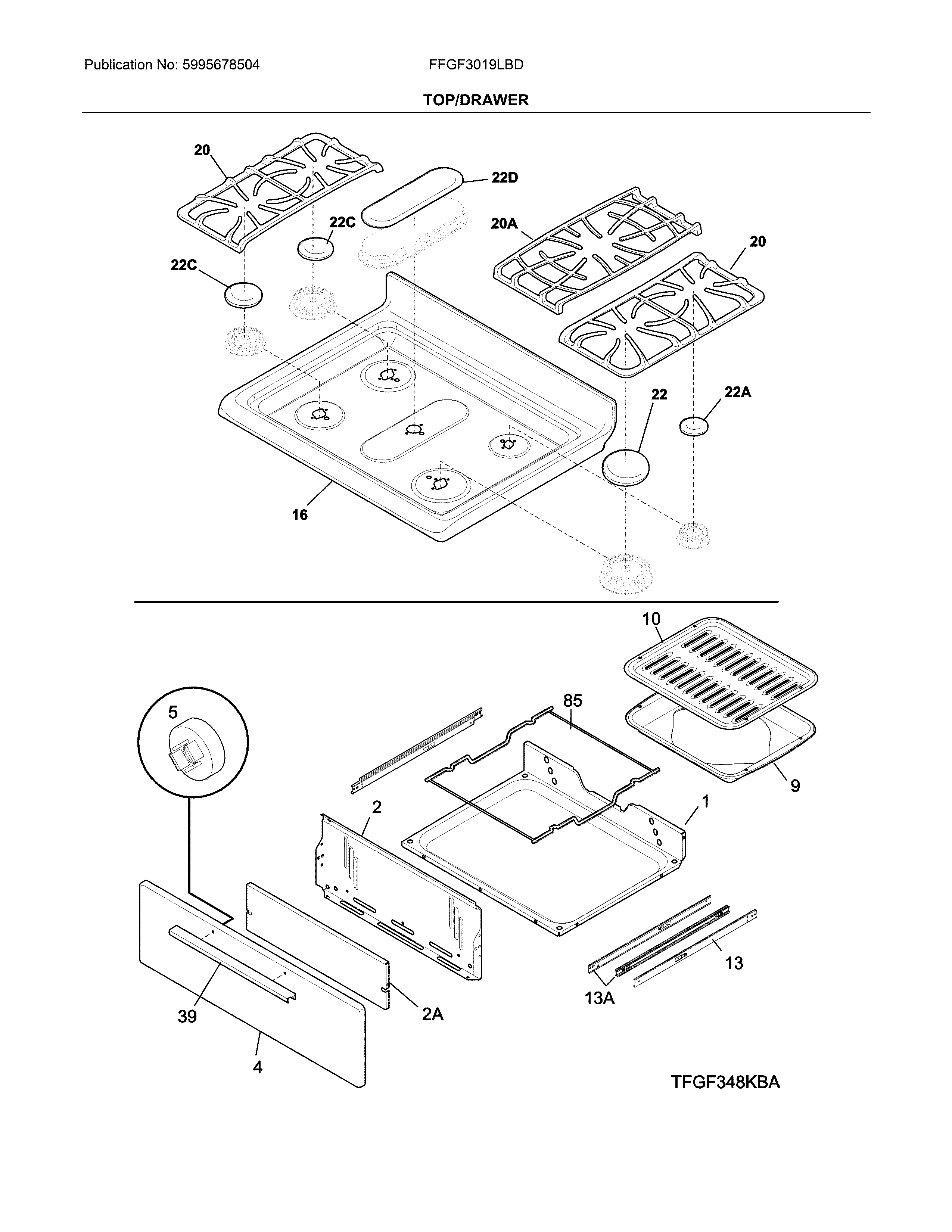 Frigidaire FFGF3019LBD top/drawer diagram