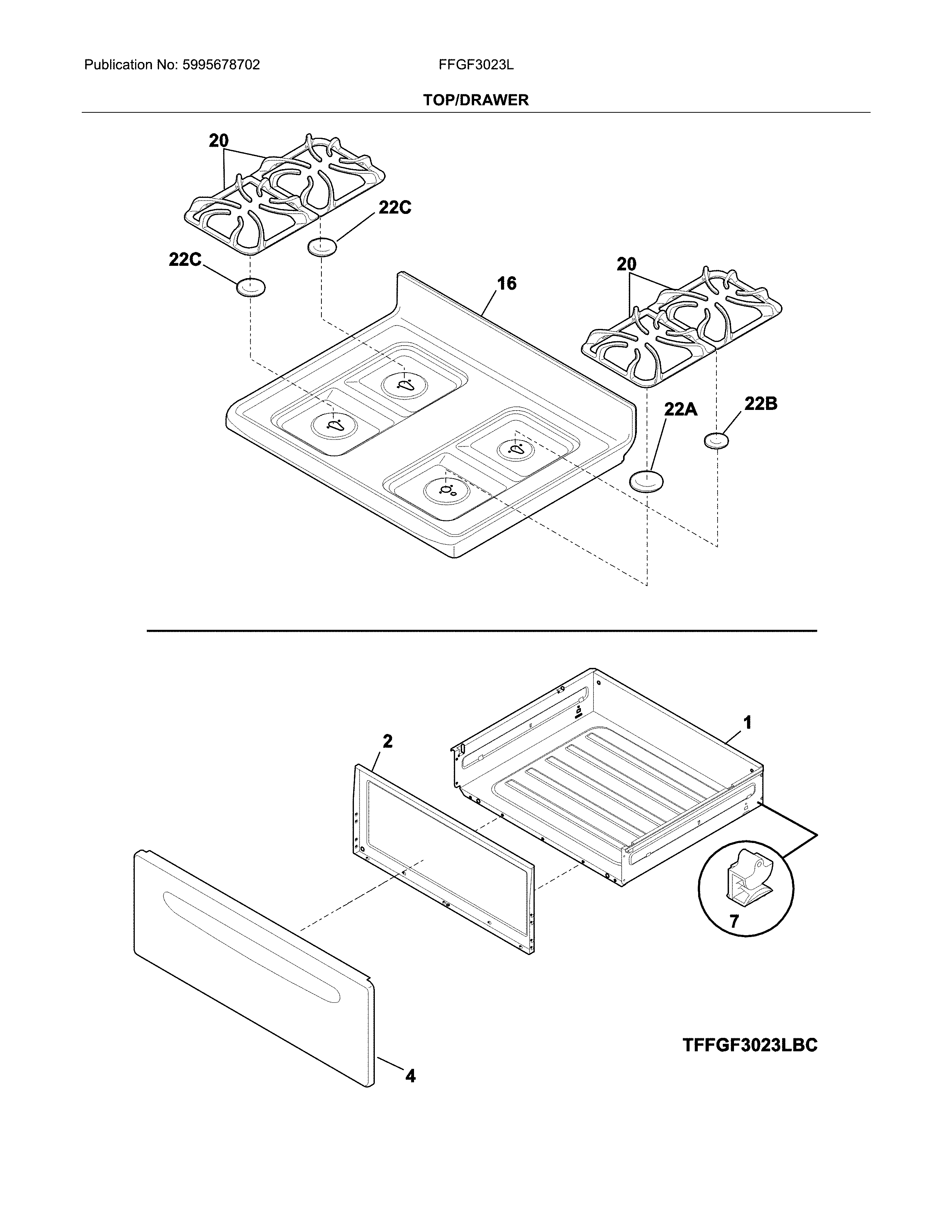 Frigidaire FFGF3023LBG top/drawer diagram