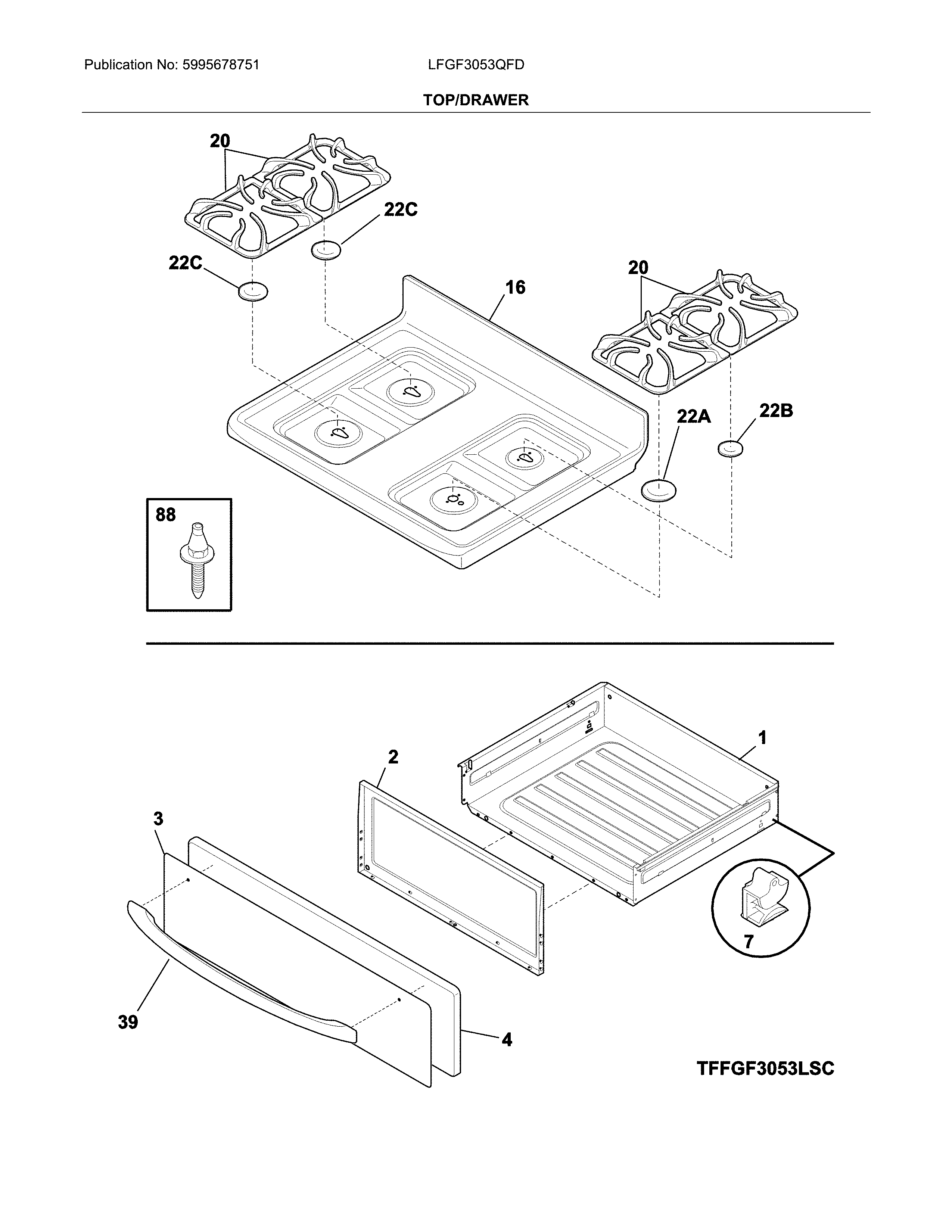 Frigidaire LFGF3053QFD top/drawer diagram