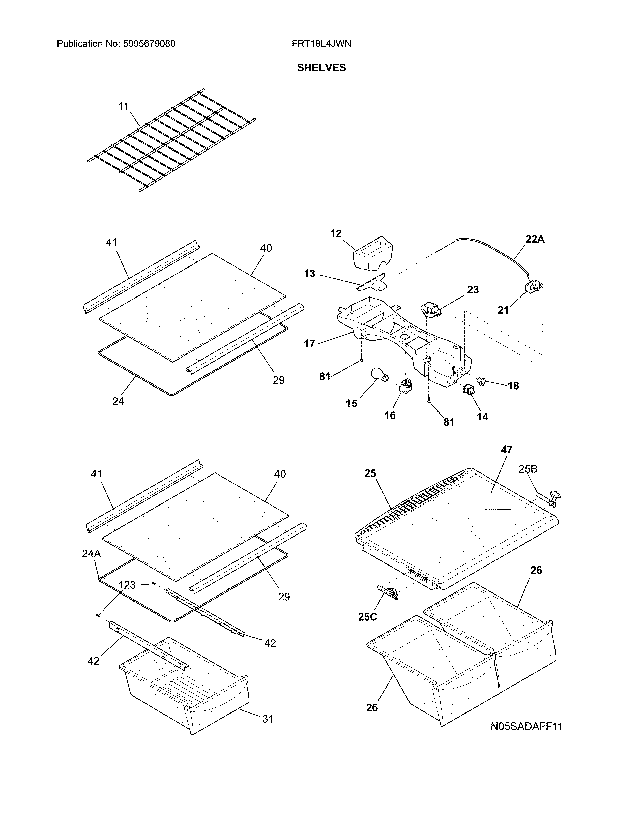 Frigidaire FRT18L4JWN shelves diagram