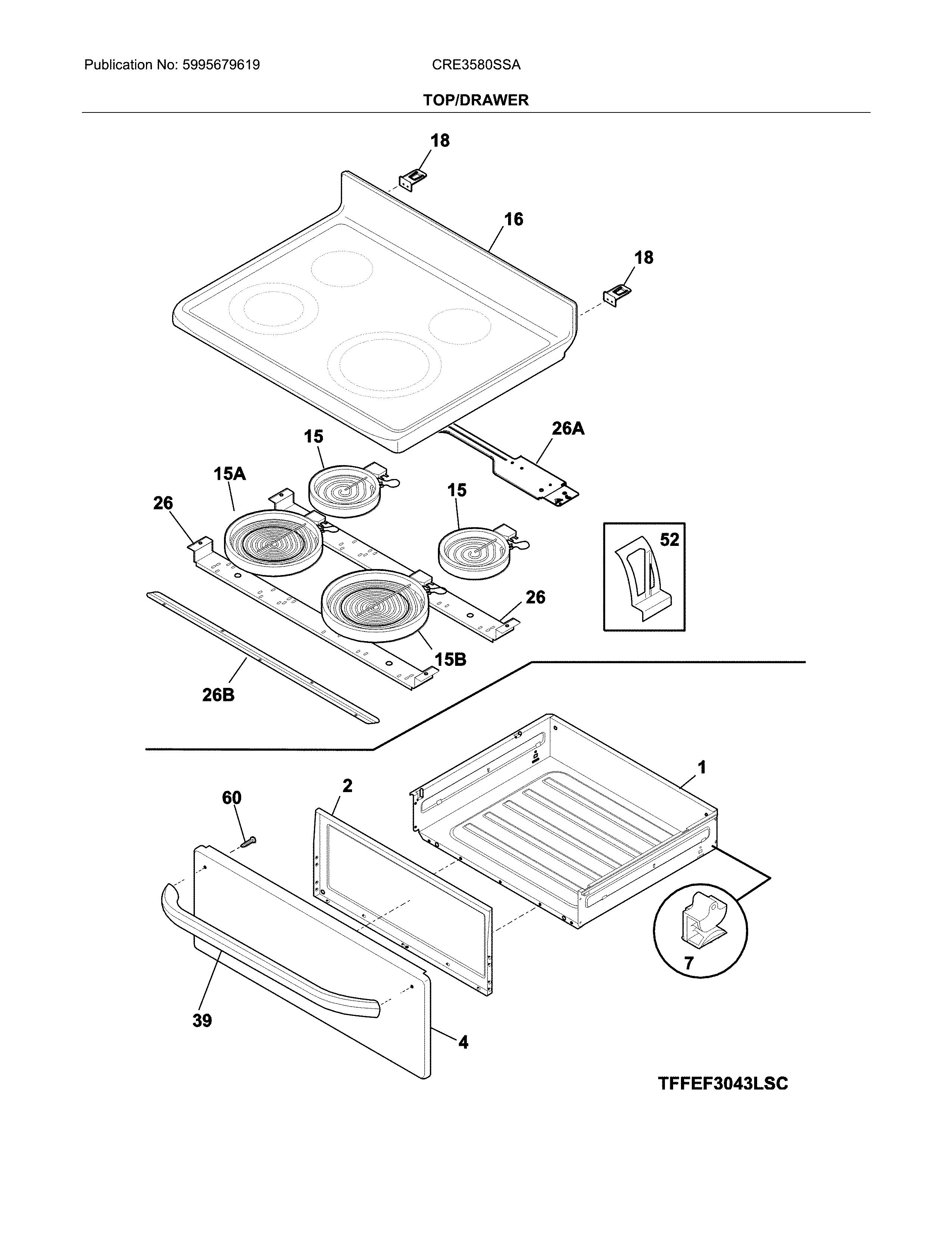 Crosley CRE3580SSA top/drawer diagram