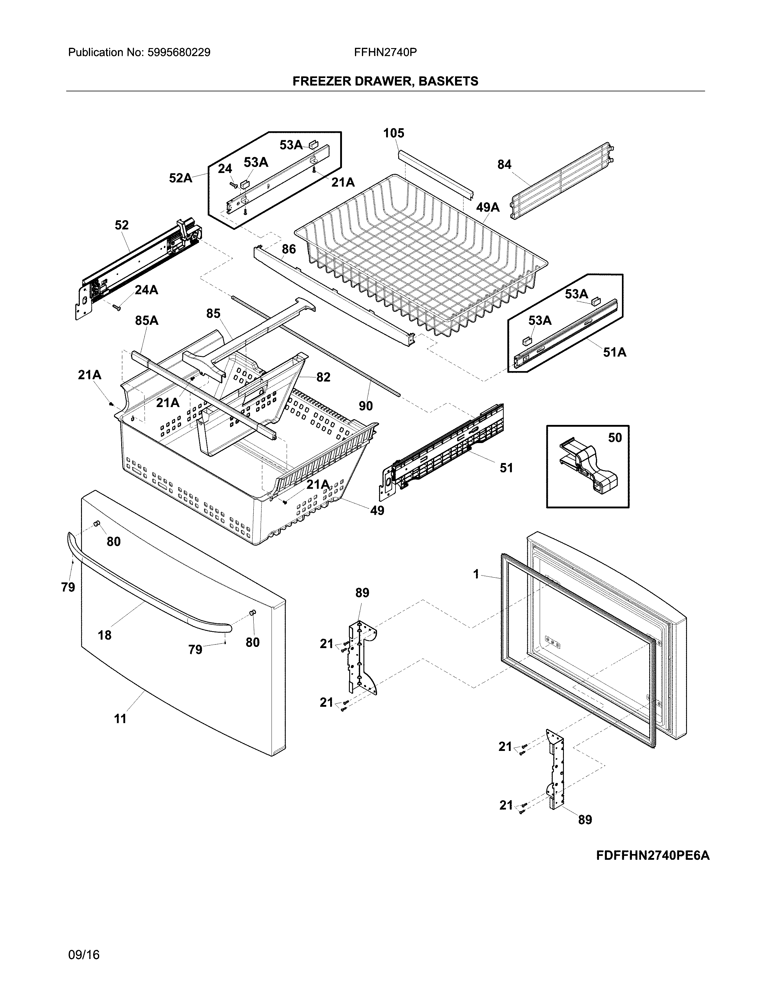 Frigidaire FFHN2740PEAA freezer drawer, baskets diagram