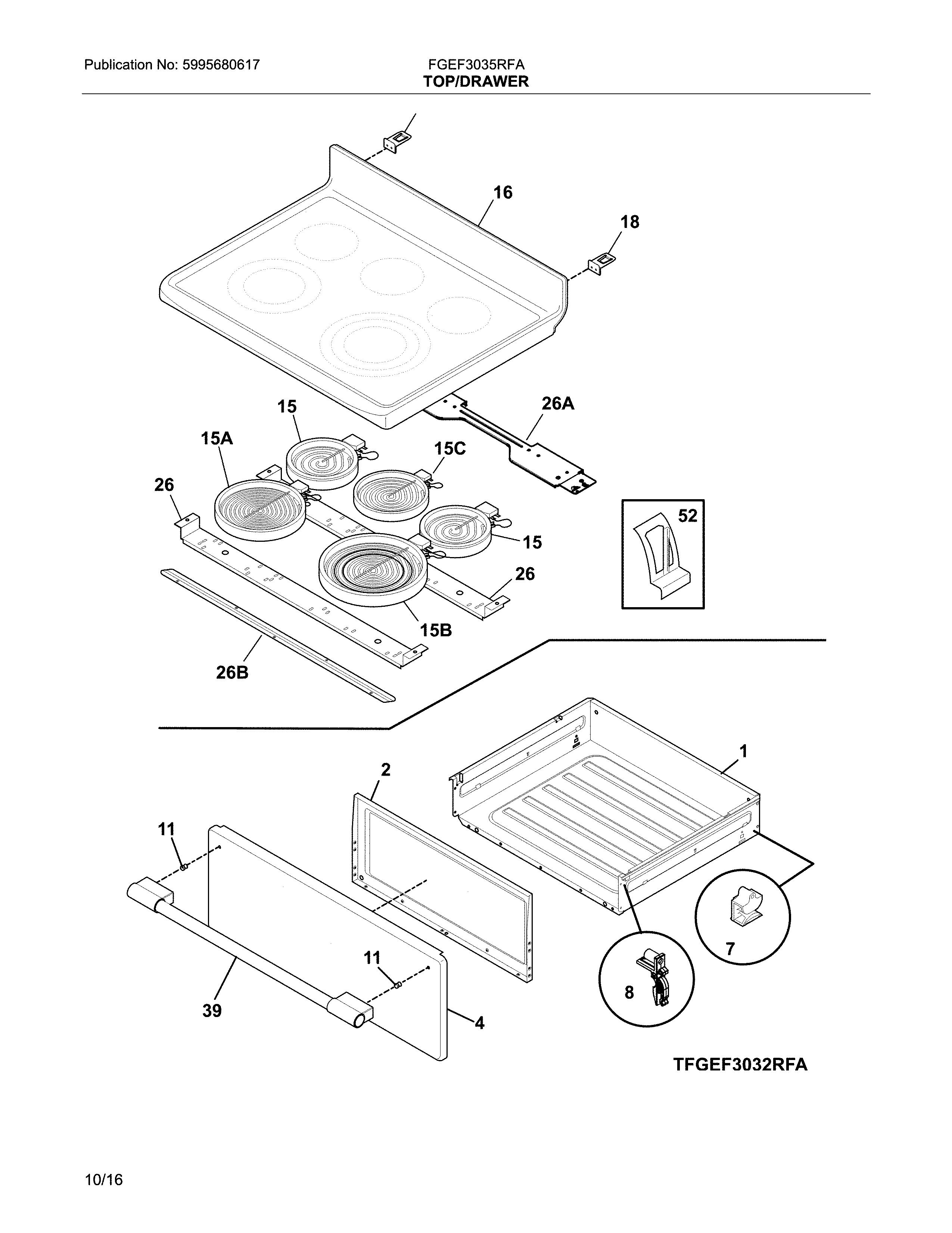 Frigidaire FGEF3035RFA top/drawer diagram