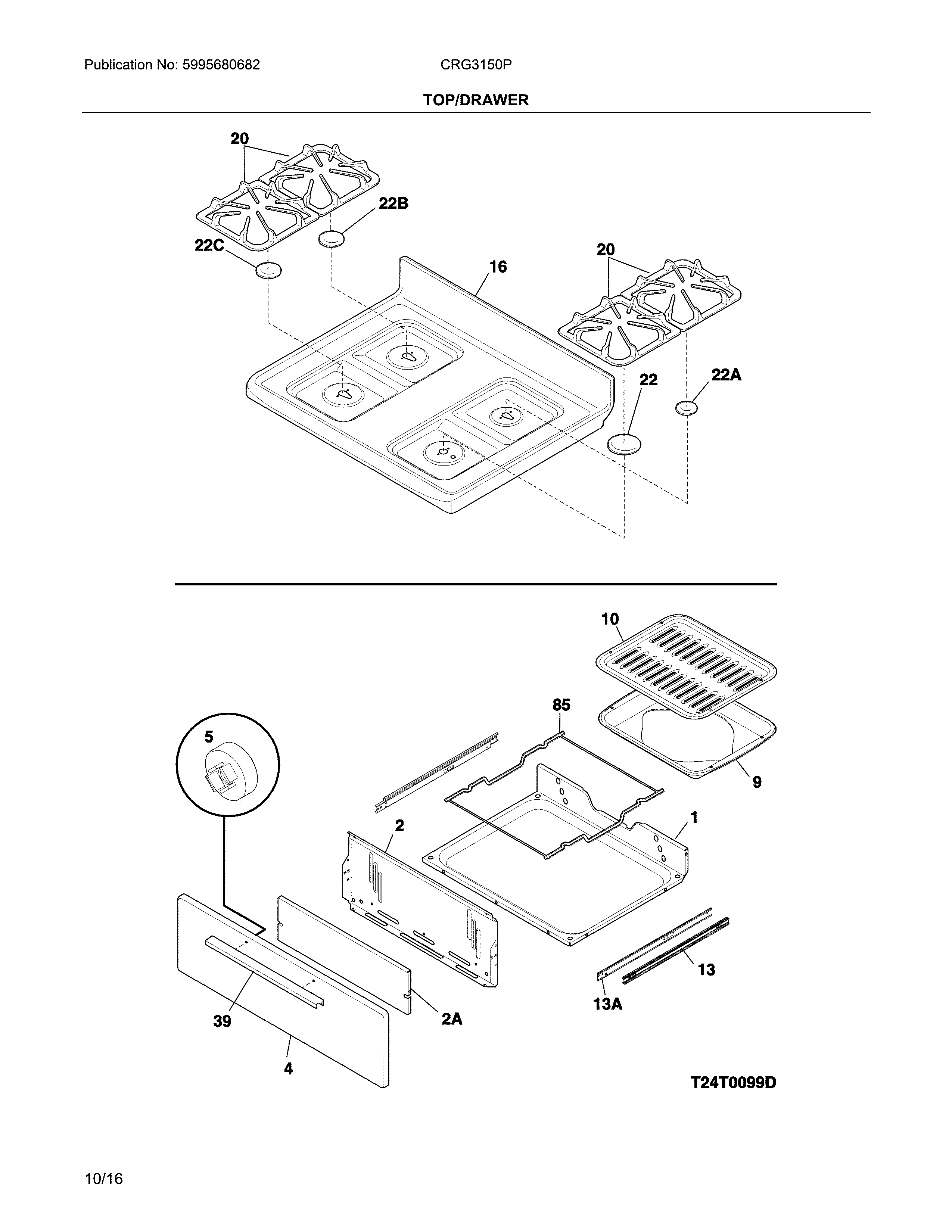 Crosley CRG3150PWD top/drawer diagram