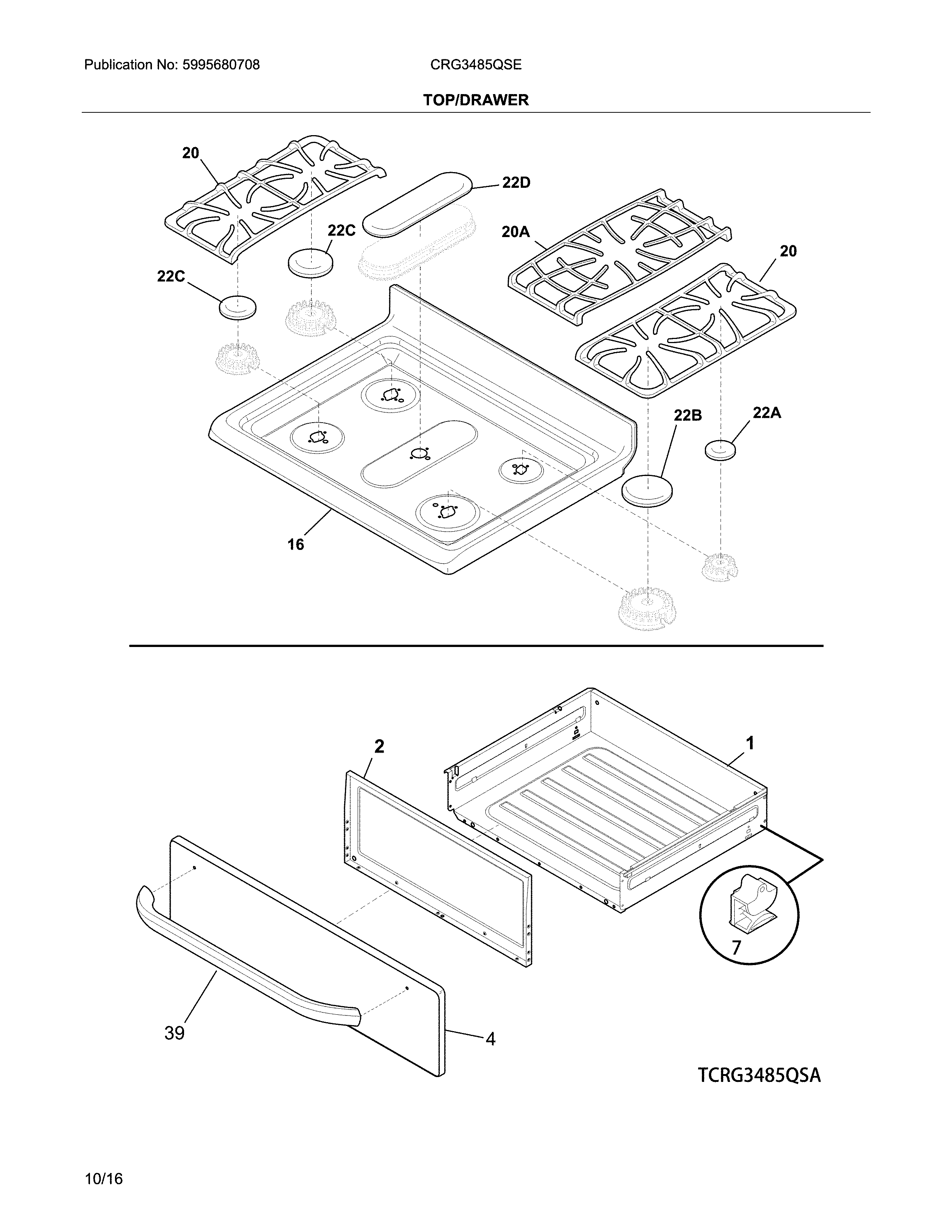 Crosley CRG3485QSE top/drawer diagram