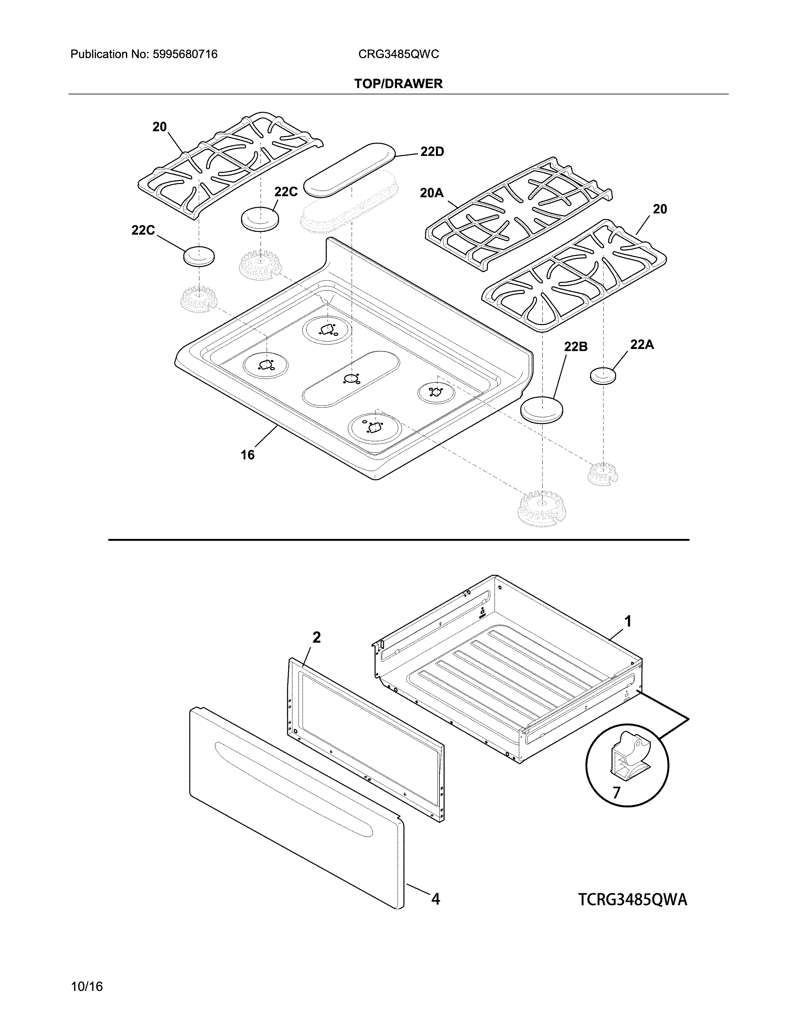 Crosley CRG3485QWC top/drawer diagram