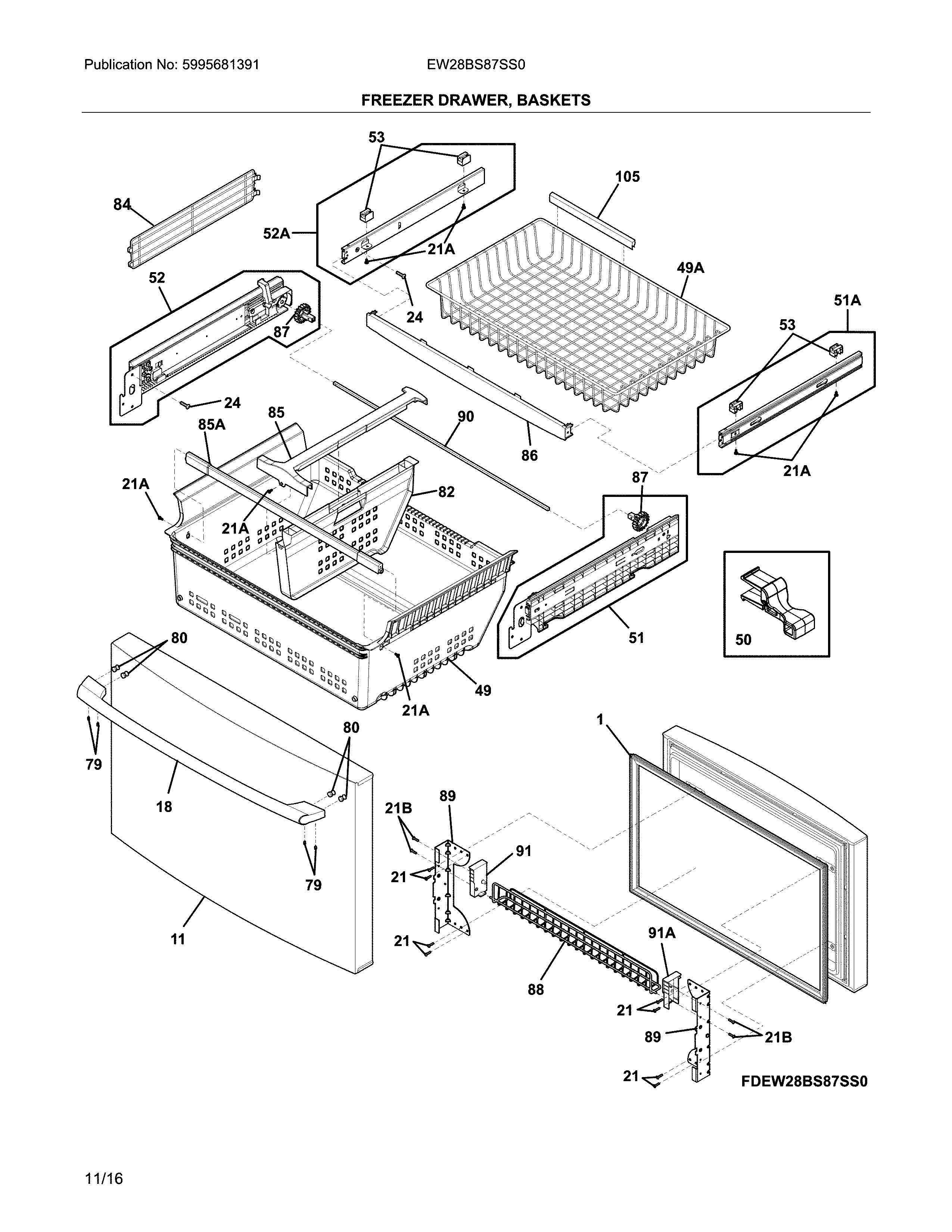 Electrolux EW28BS87SS0 freezer drawer, baskets diagram