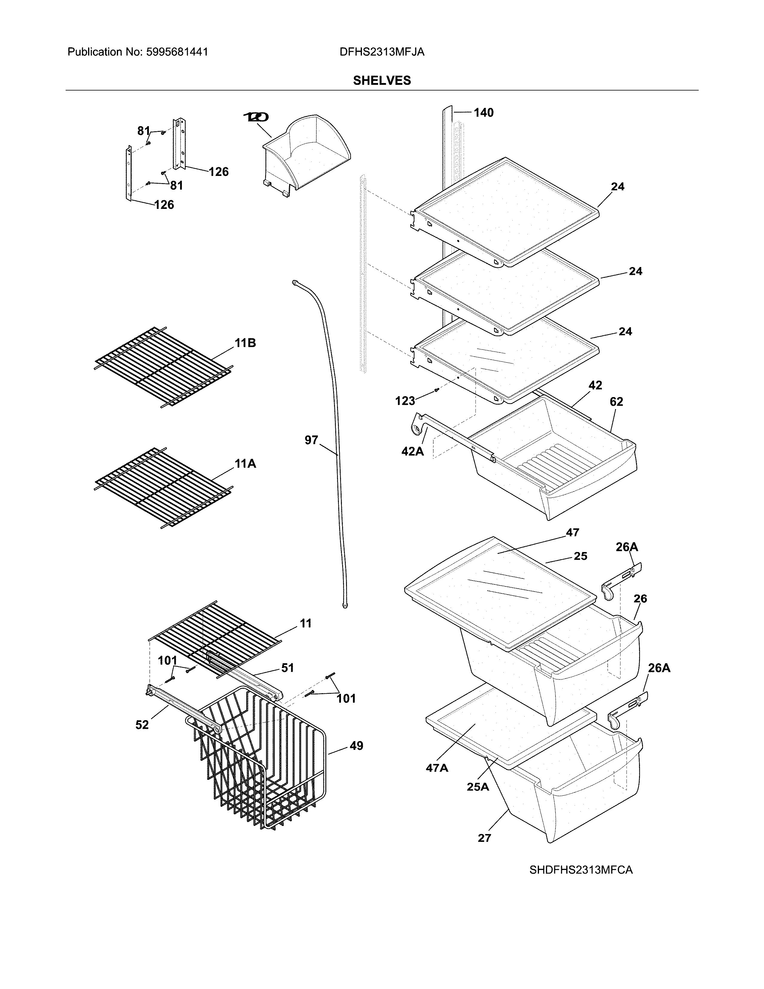 Frigidaire DFHS2313MFJA shelves diagram
