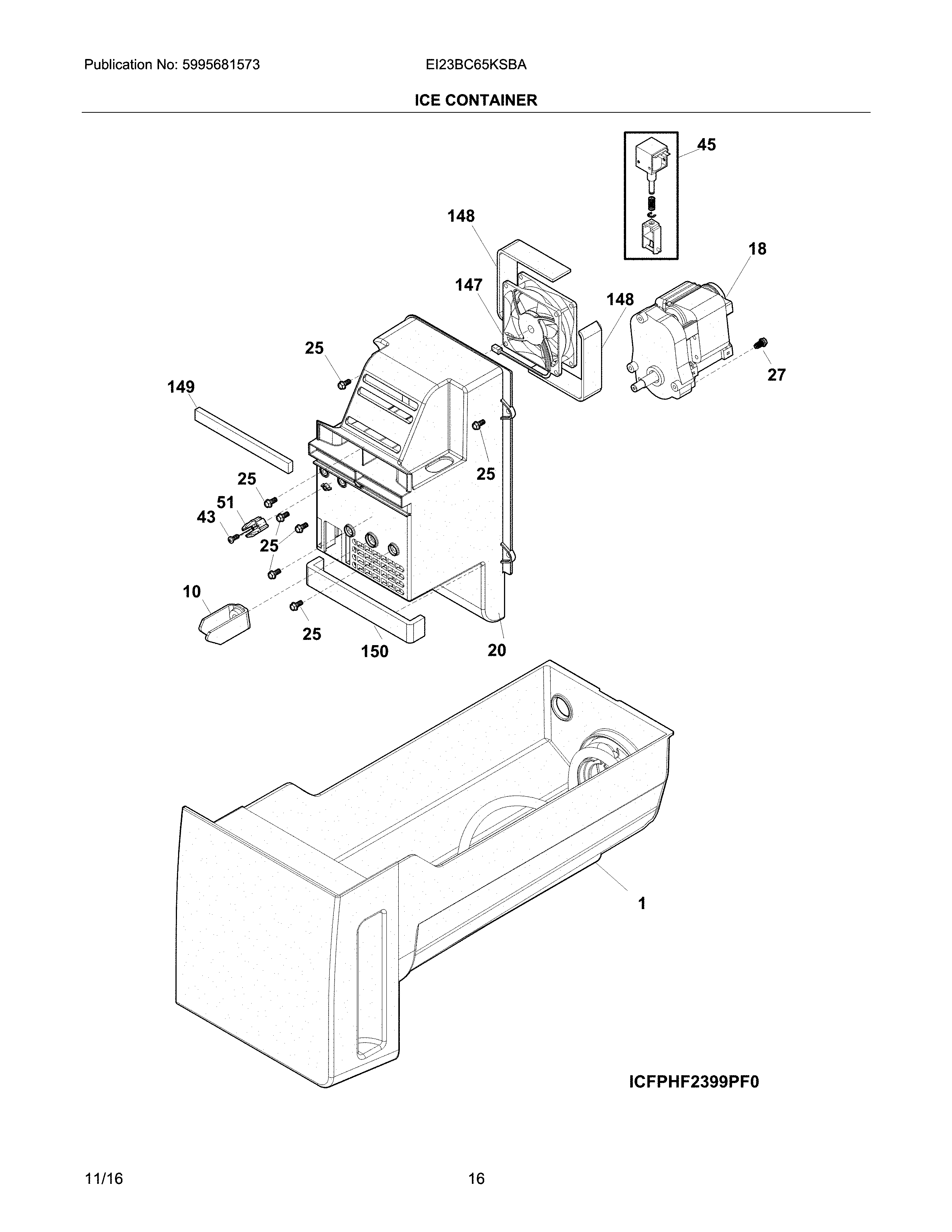 Electrolux EI23BC65KSBA ice container diagram