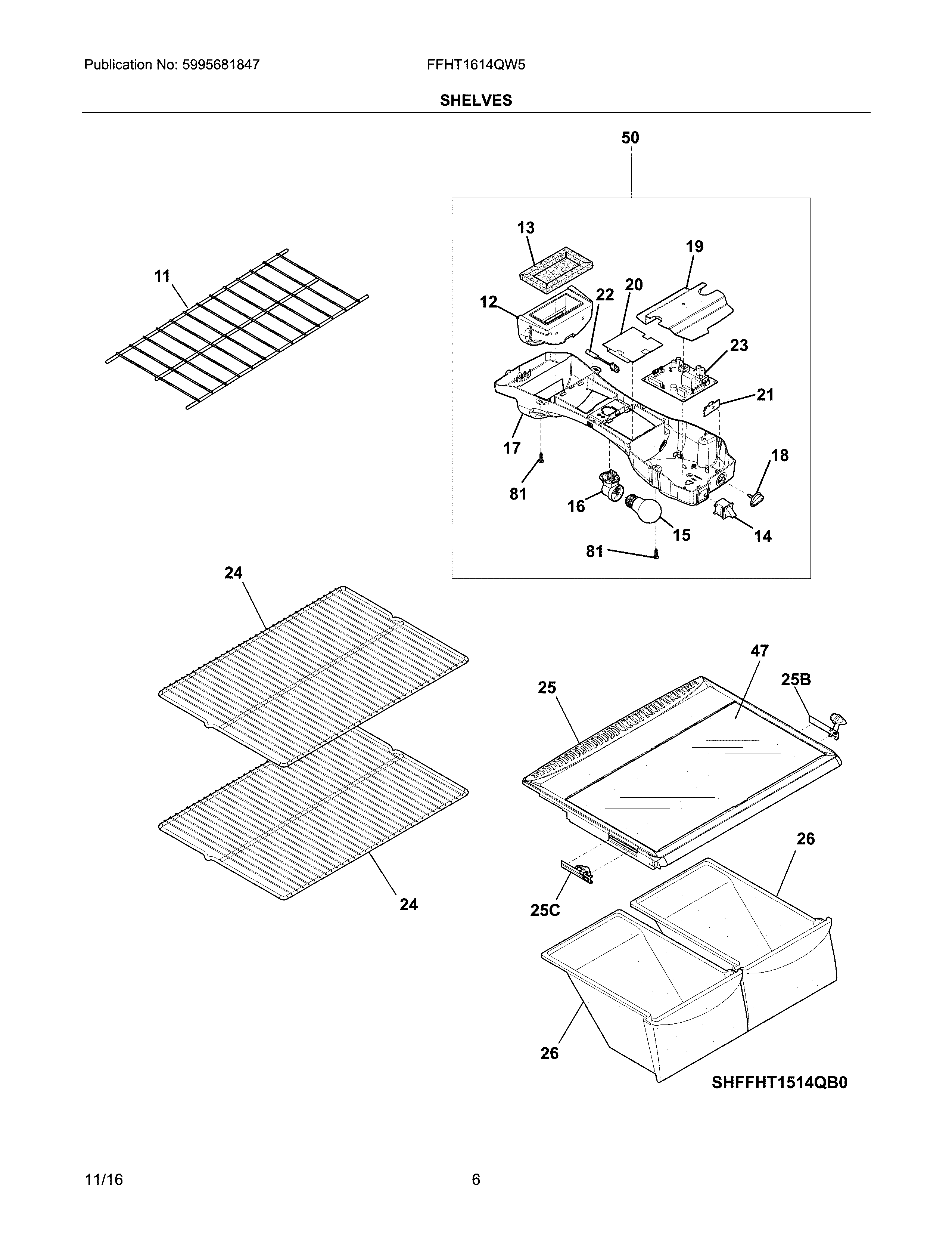 Frigidaire FFHT1614QW5 shelves diagram