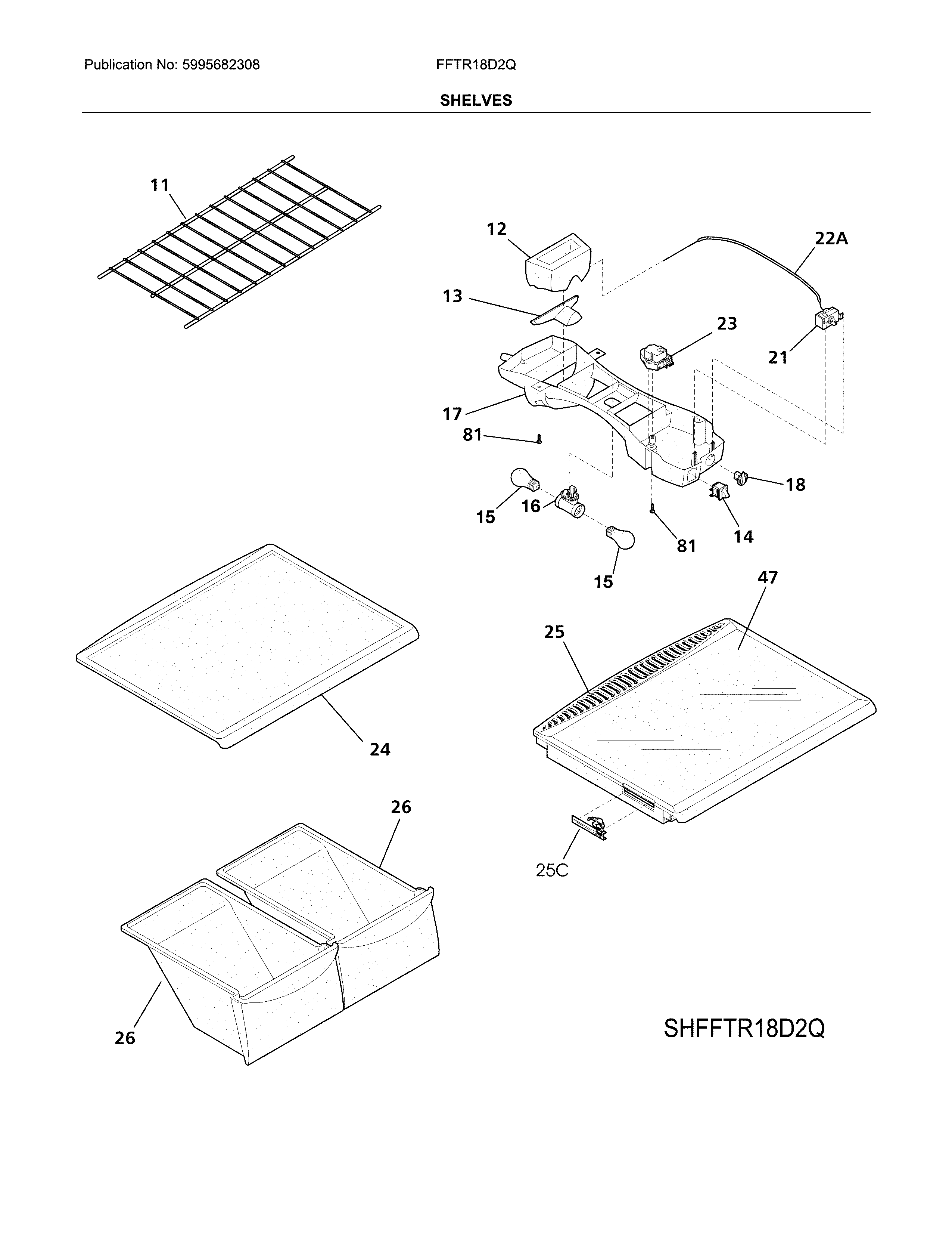 Frigidaire FFTR18D2QS6A shelves diagram