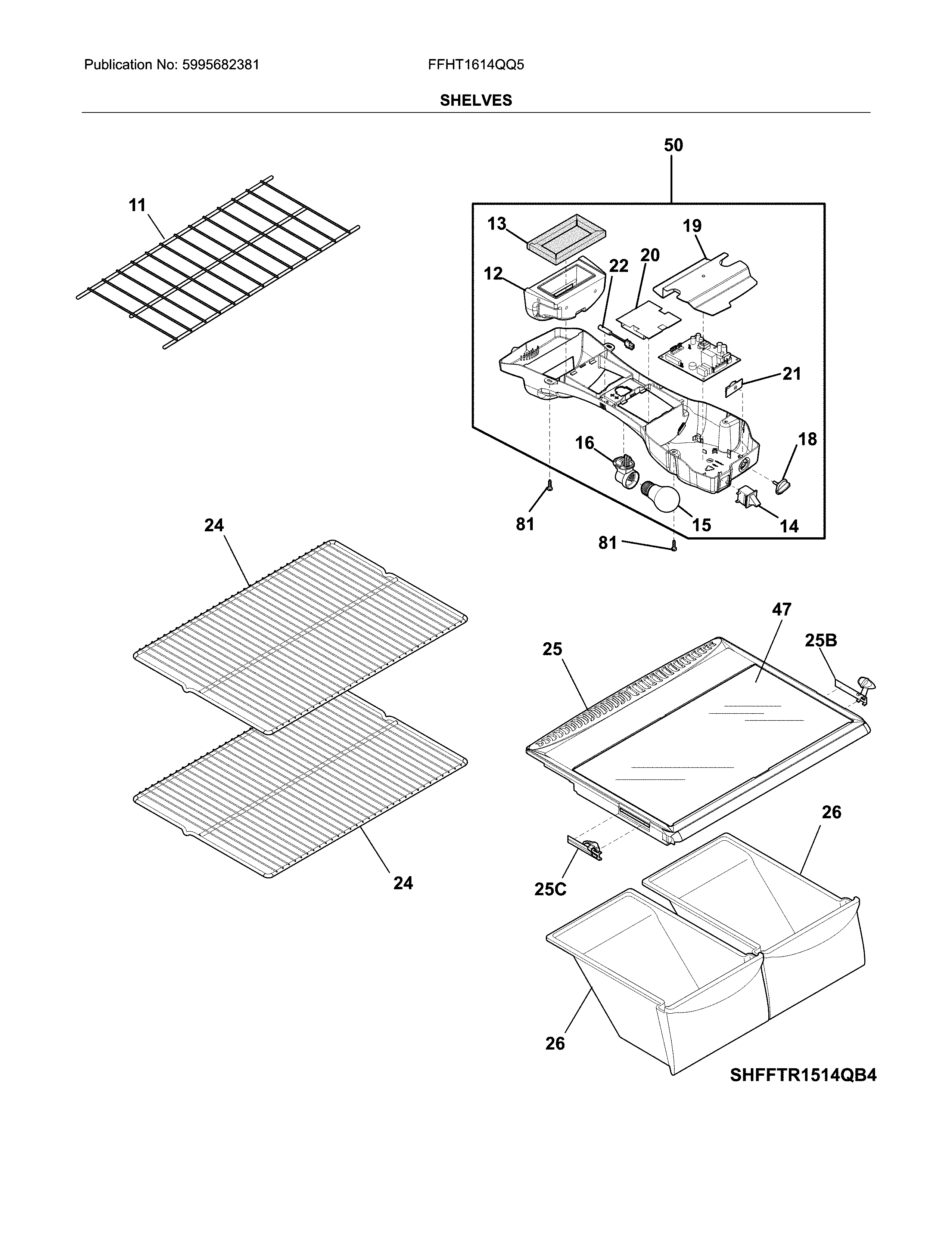 Frigidaire FFHT1614QQ5 shelves diagram