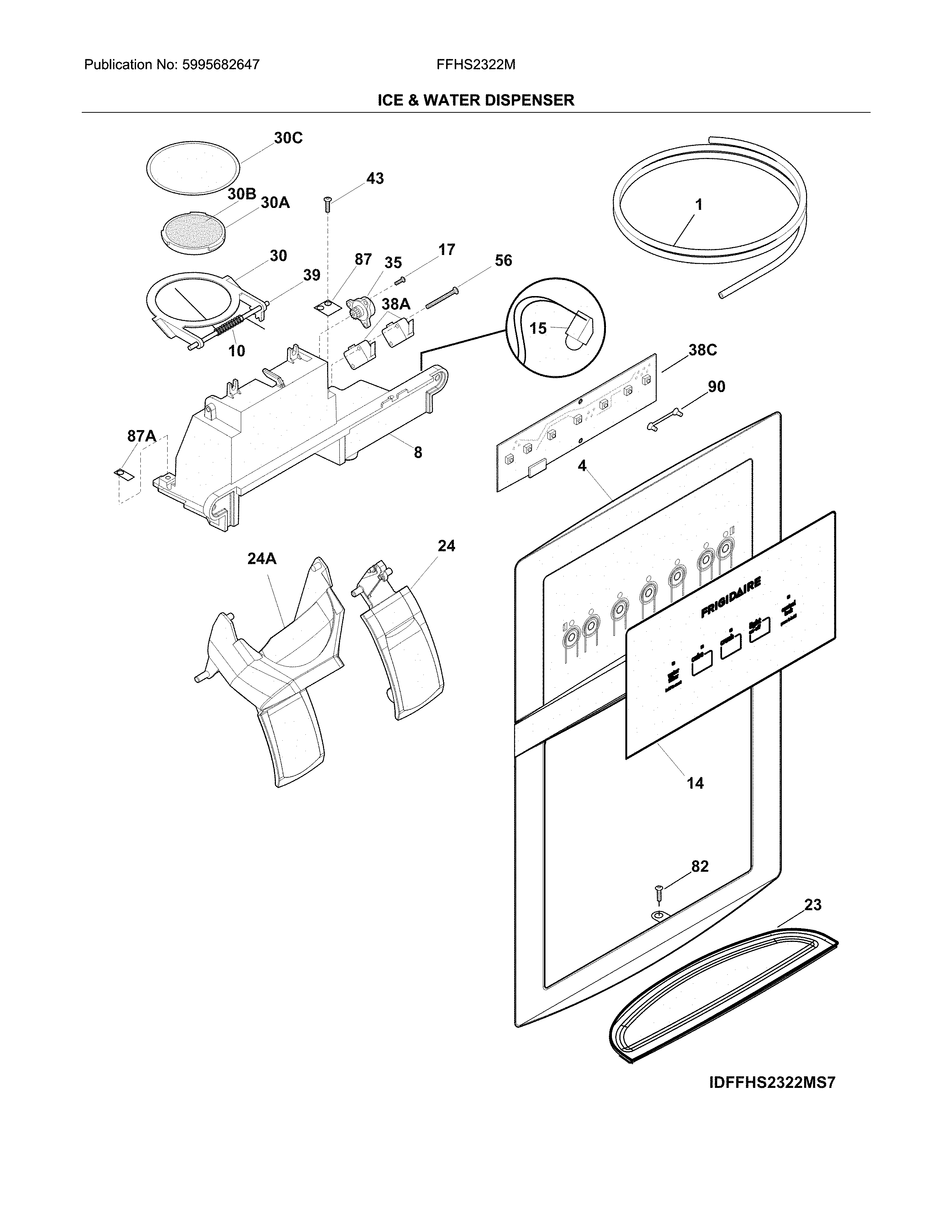 Frigidaire FFHS2322MWLA ice & water dispenser diagram
