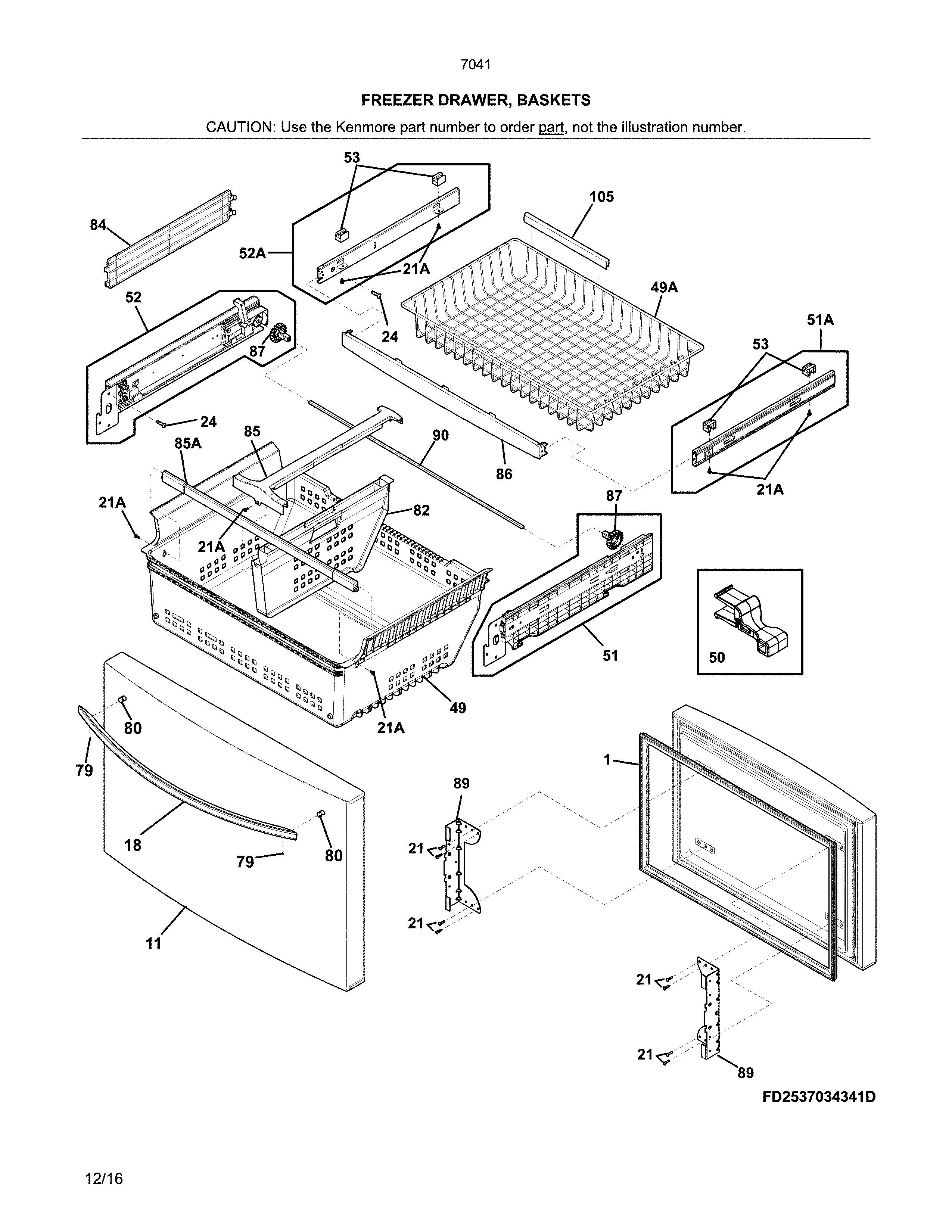 Kenmore 2537041341B freezer drawer, baskets diagram