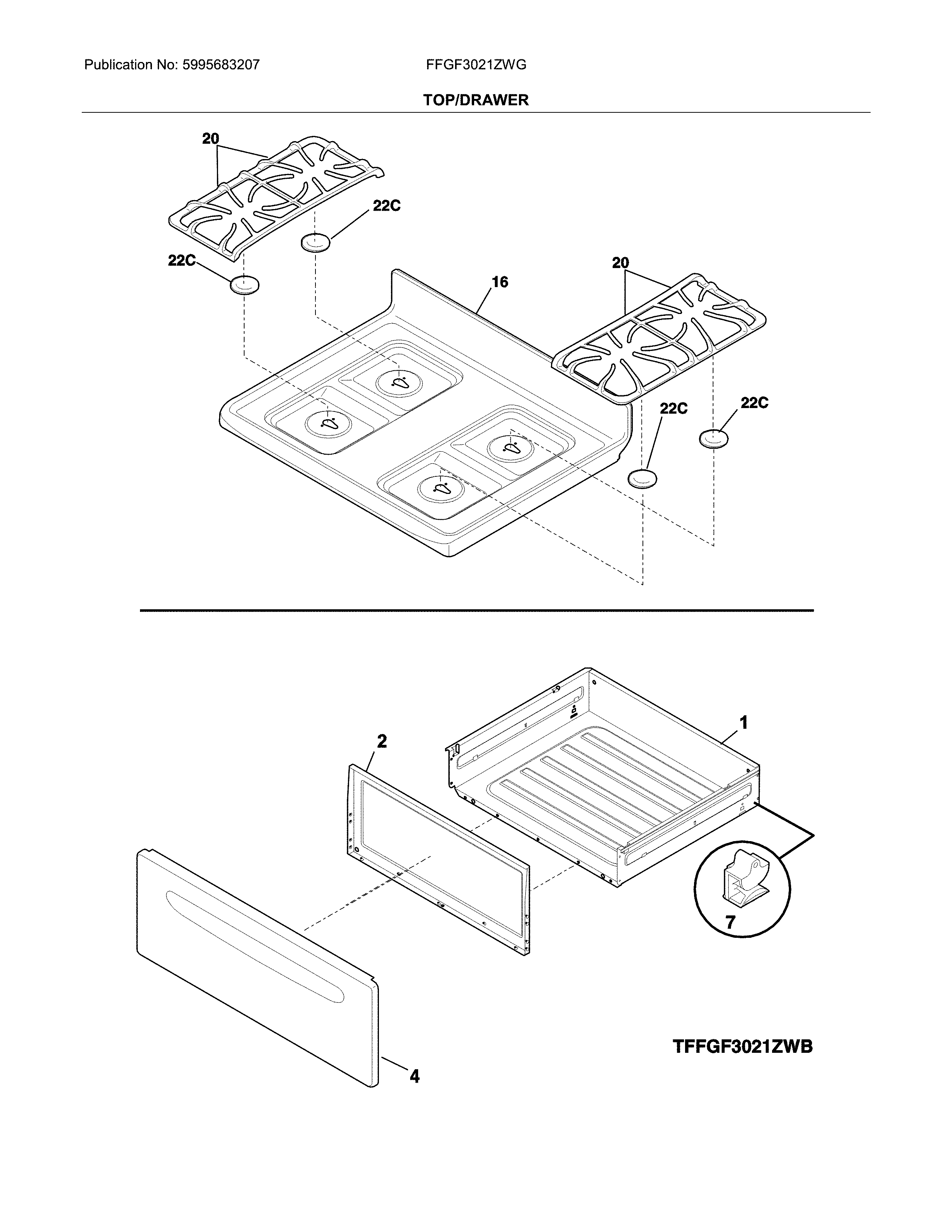 Frigidaire FFGF3021ZWG top/drawer diagram