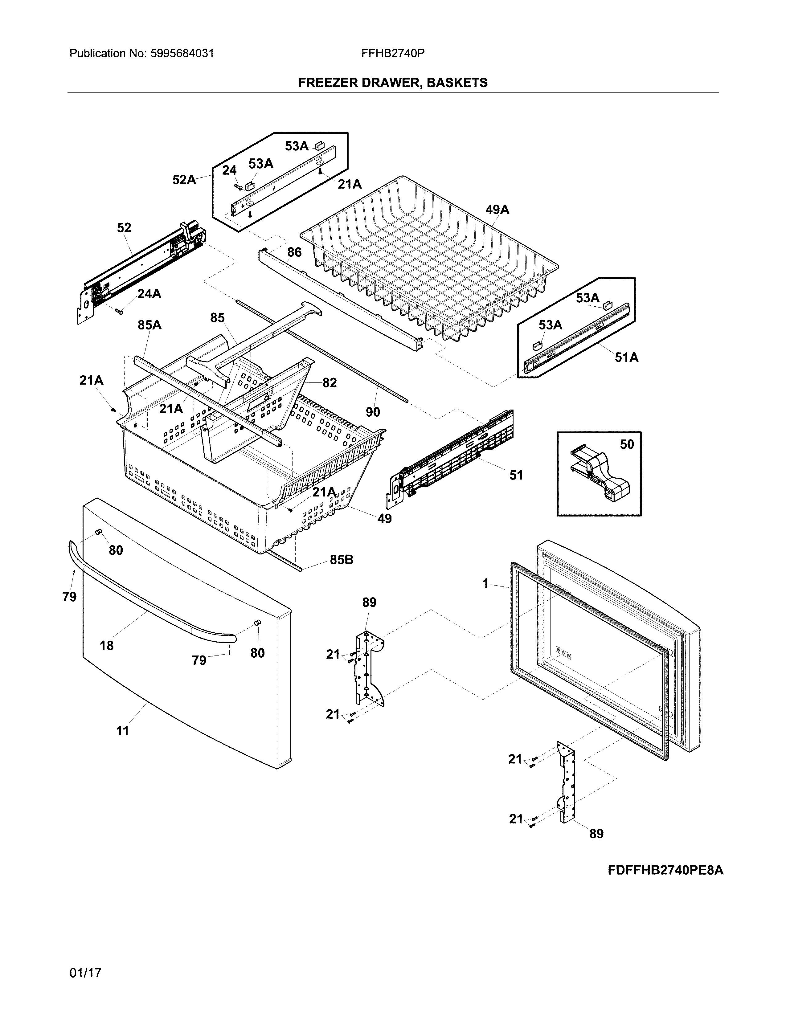 Frigidaire FFHB2740PPBA freezer drawer, baskets diagram