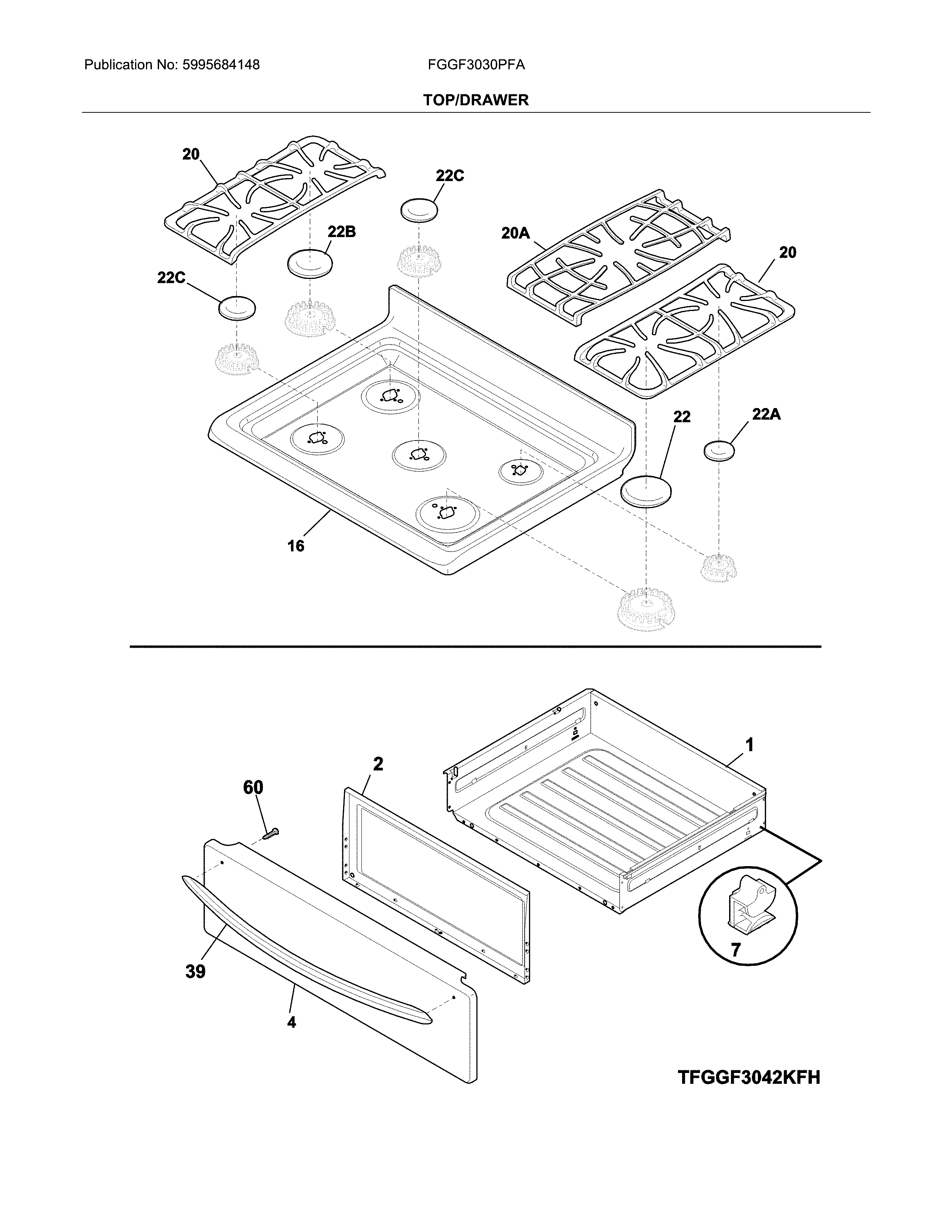 Frigidaire FGGF3030PFA top/drawer diagram