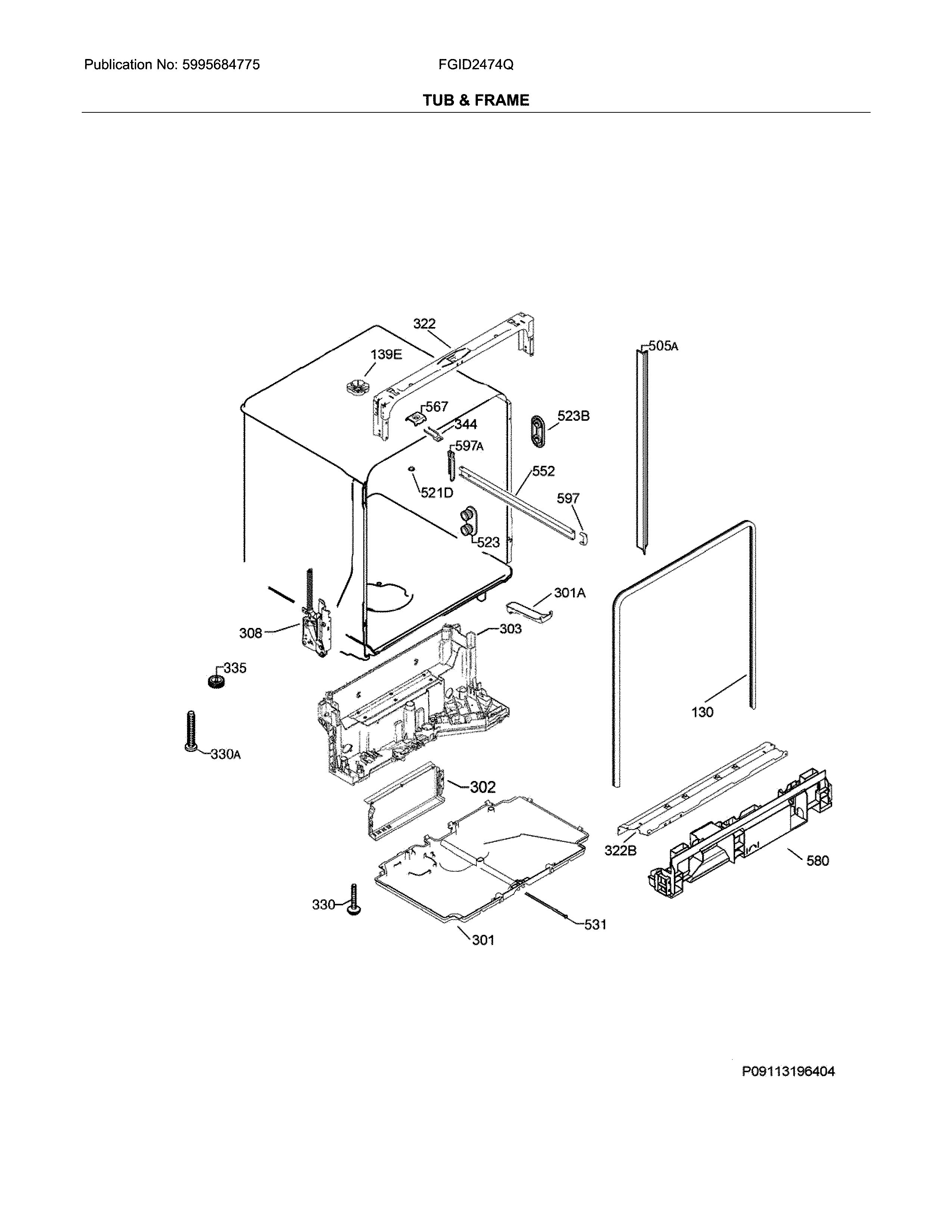 Frigidaire FGID2474QW6B tub & frame diagram