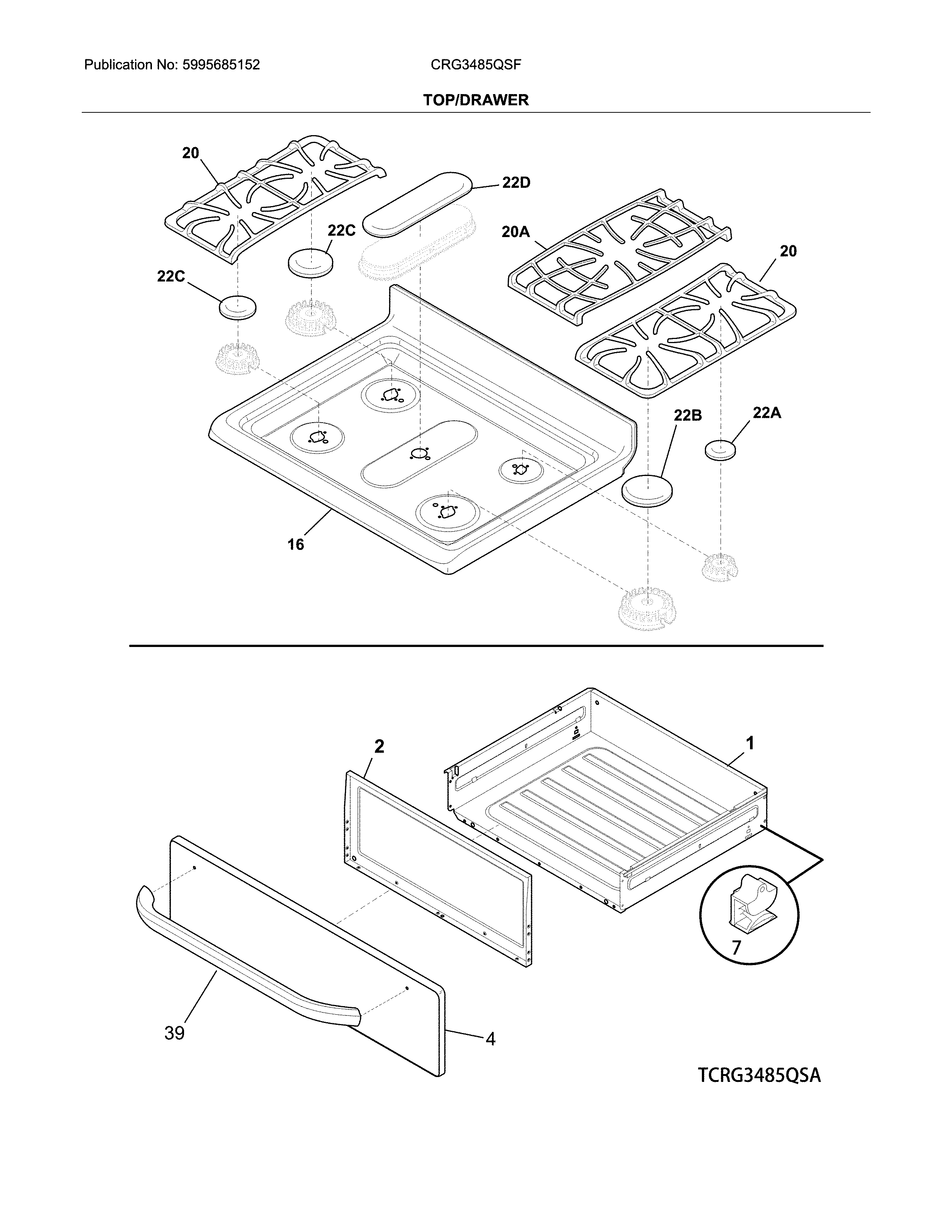 Crosley CRG3485QSF top/drawer diagram