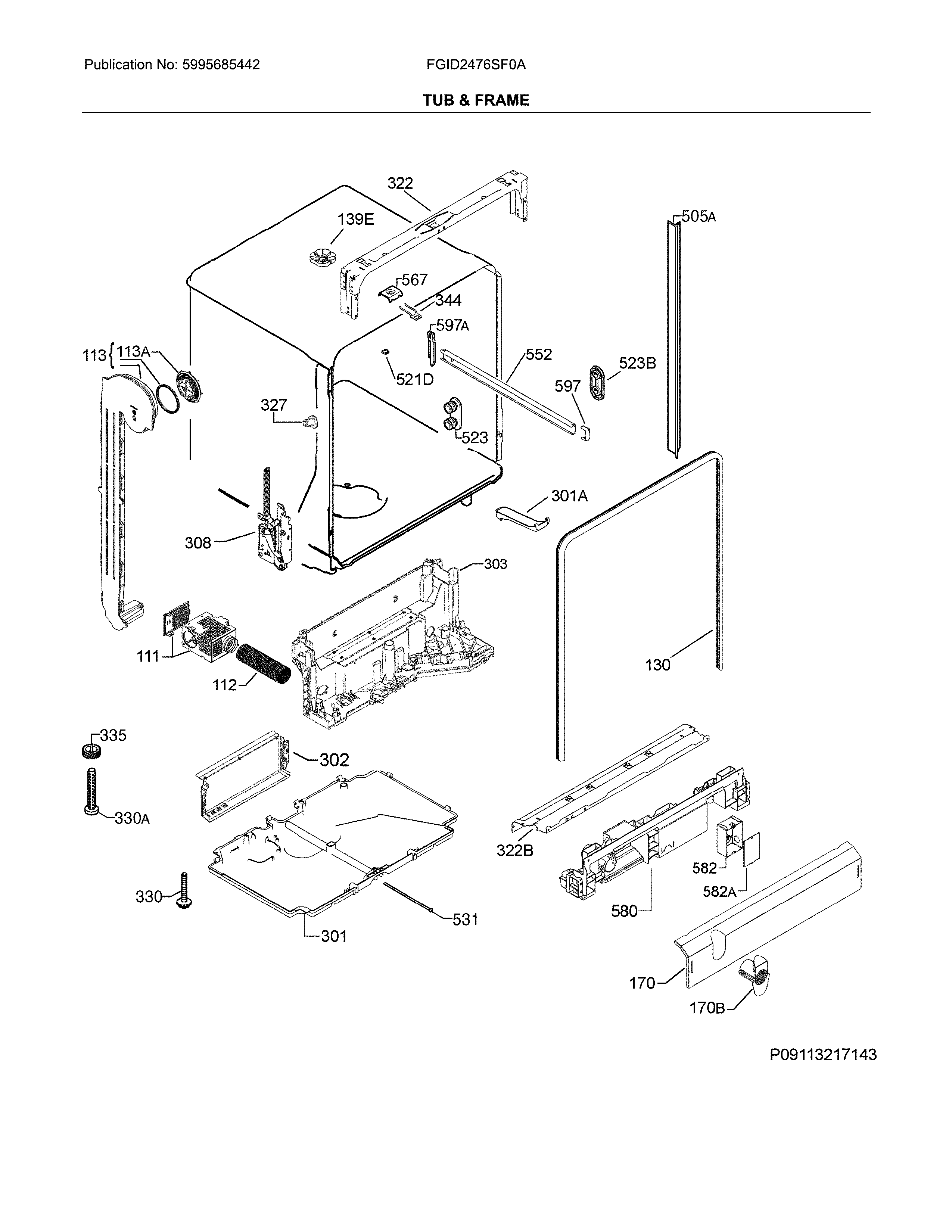 Frigidaire FGID2476SF0A tub & frame diagram