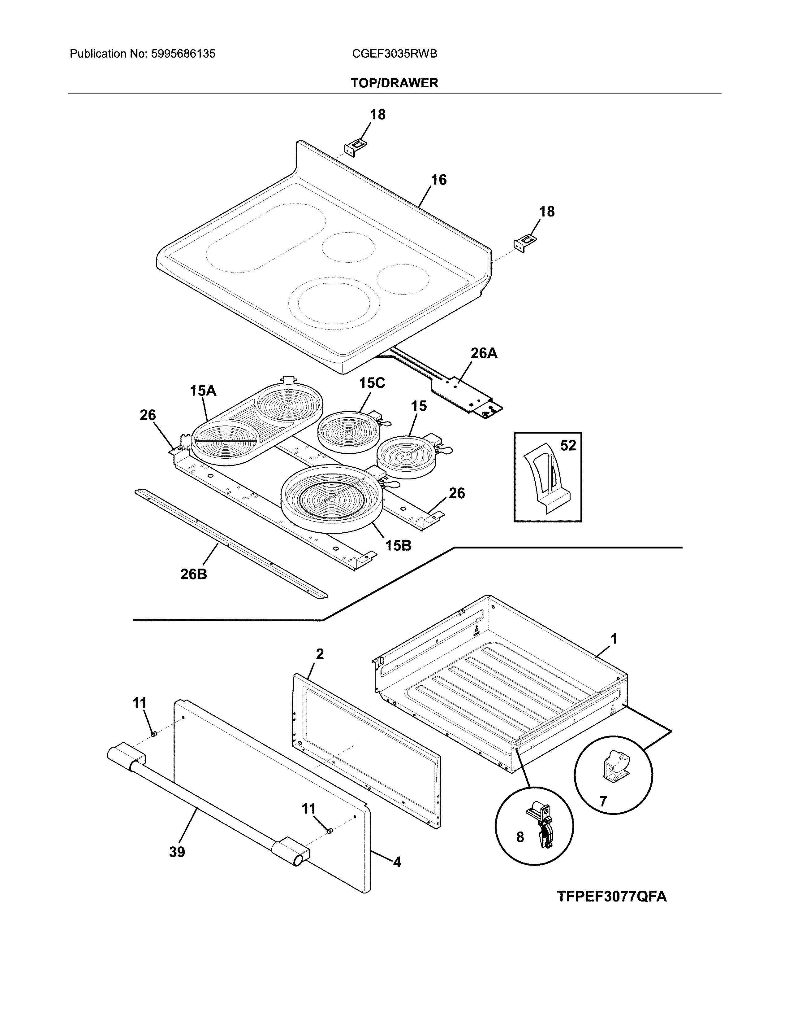 Frigidaire CGEF3035RWB top/drawer diagram