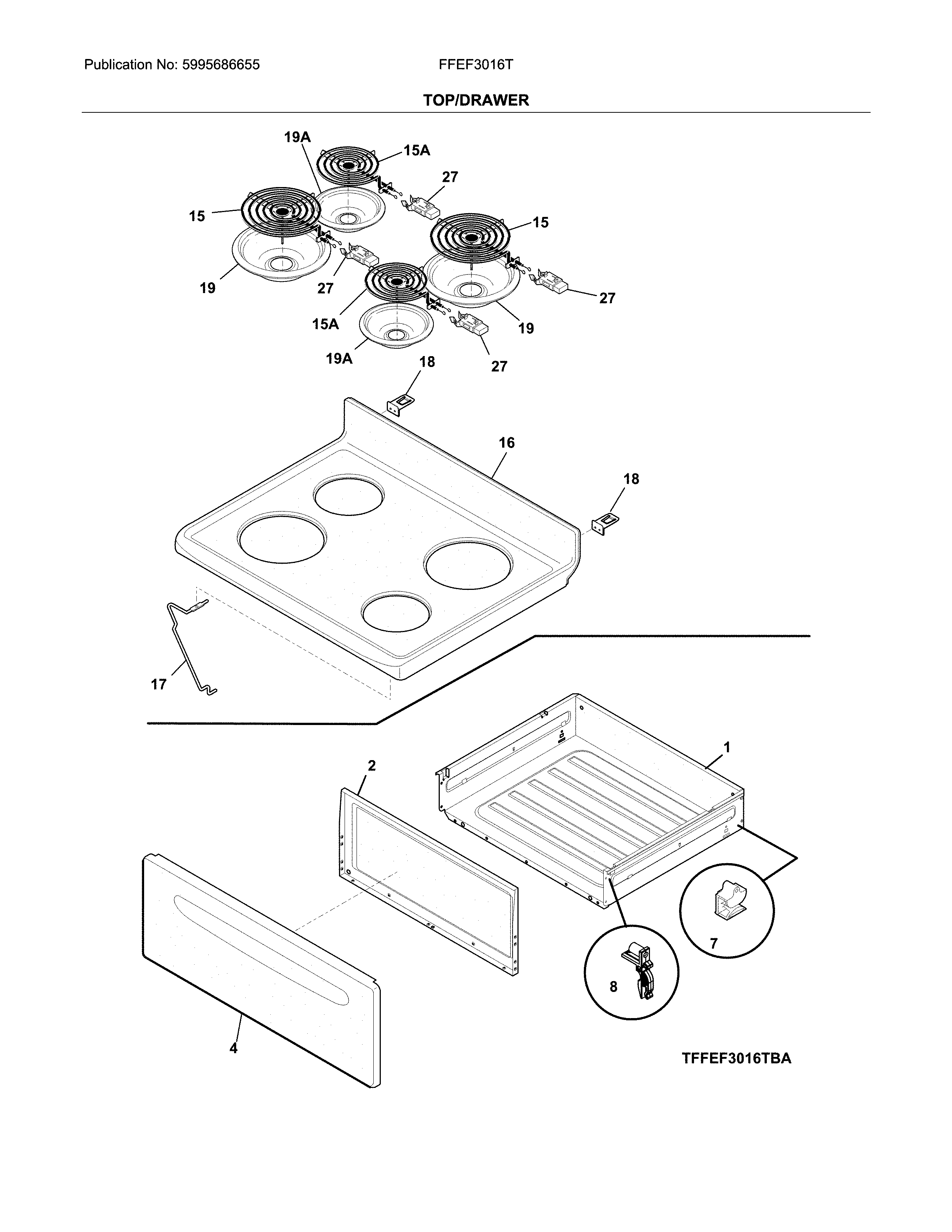 Frigidaire FFEF3016TMA top/drawer diagram