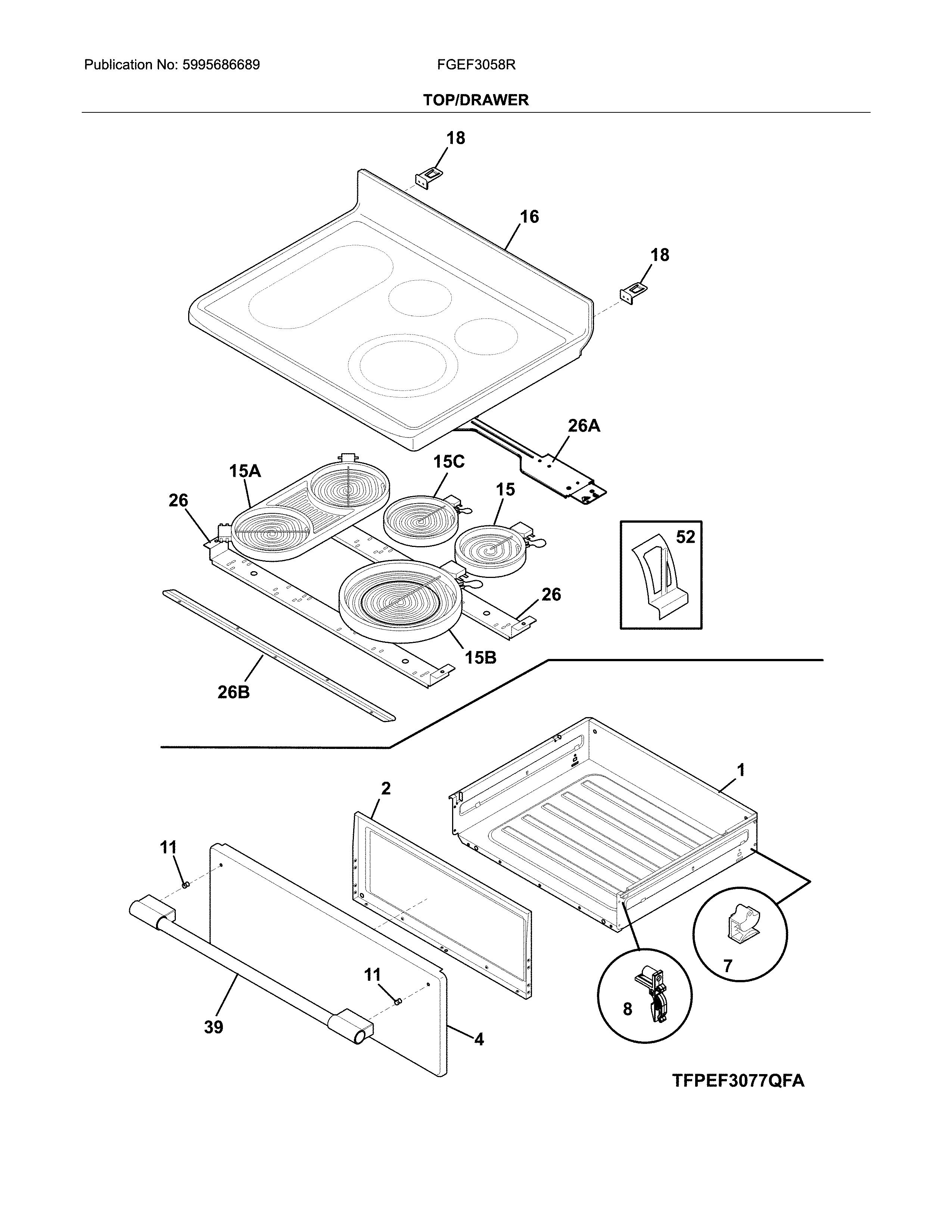 Frigidaire FGEF3058RWB top/drawer diagram