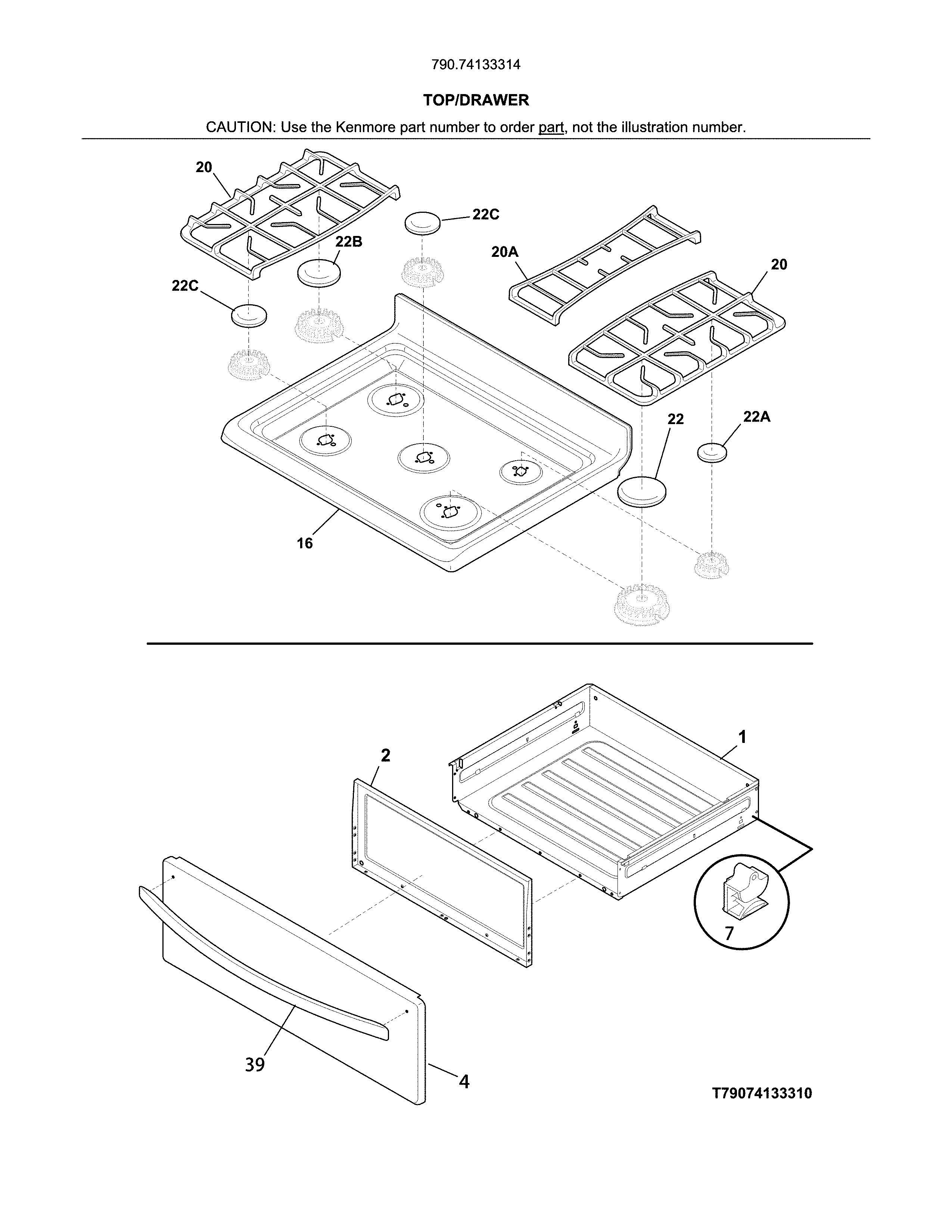 Kenmore 79074133314 top/drawer diagram