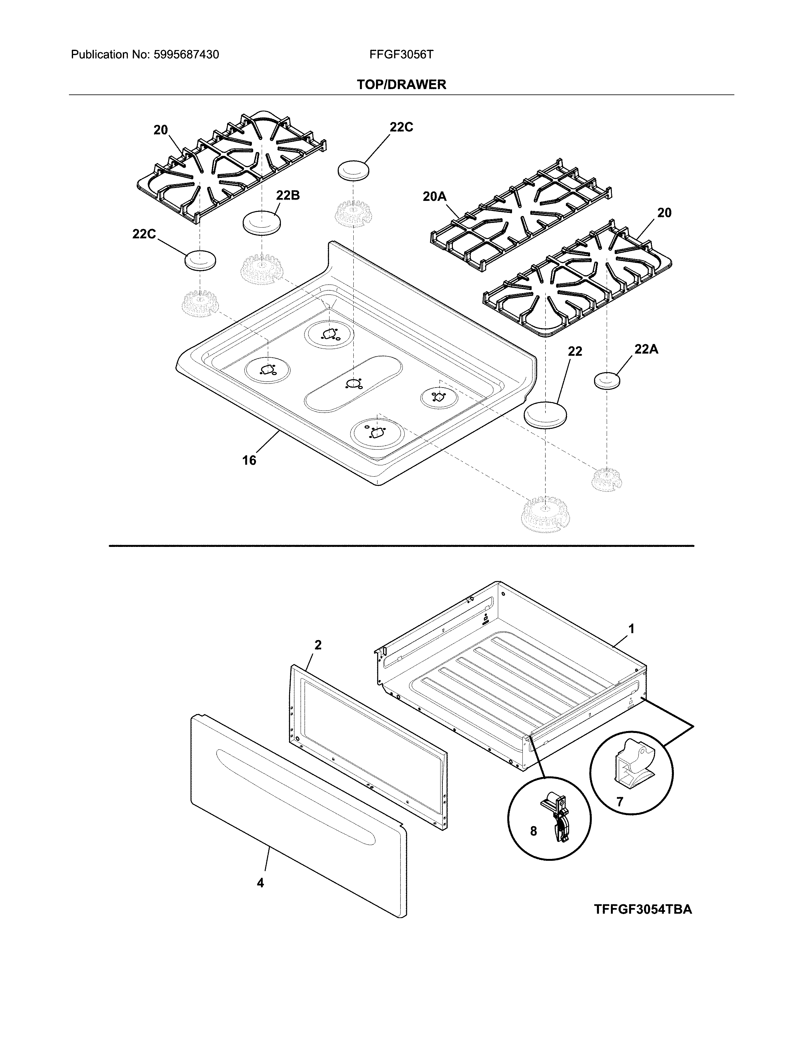Frigidaire FFGF3056TBA top/drawer diagram