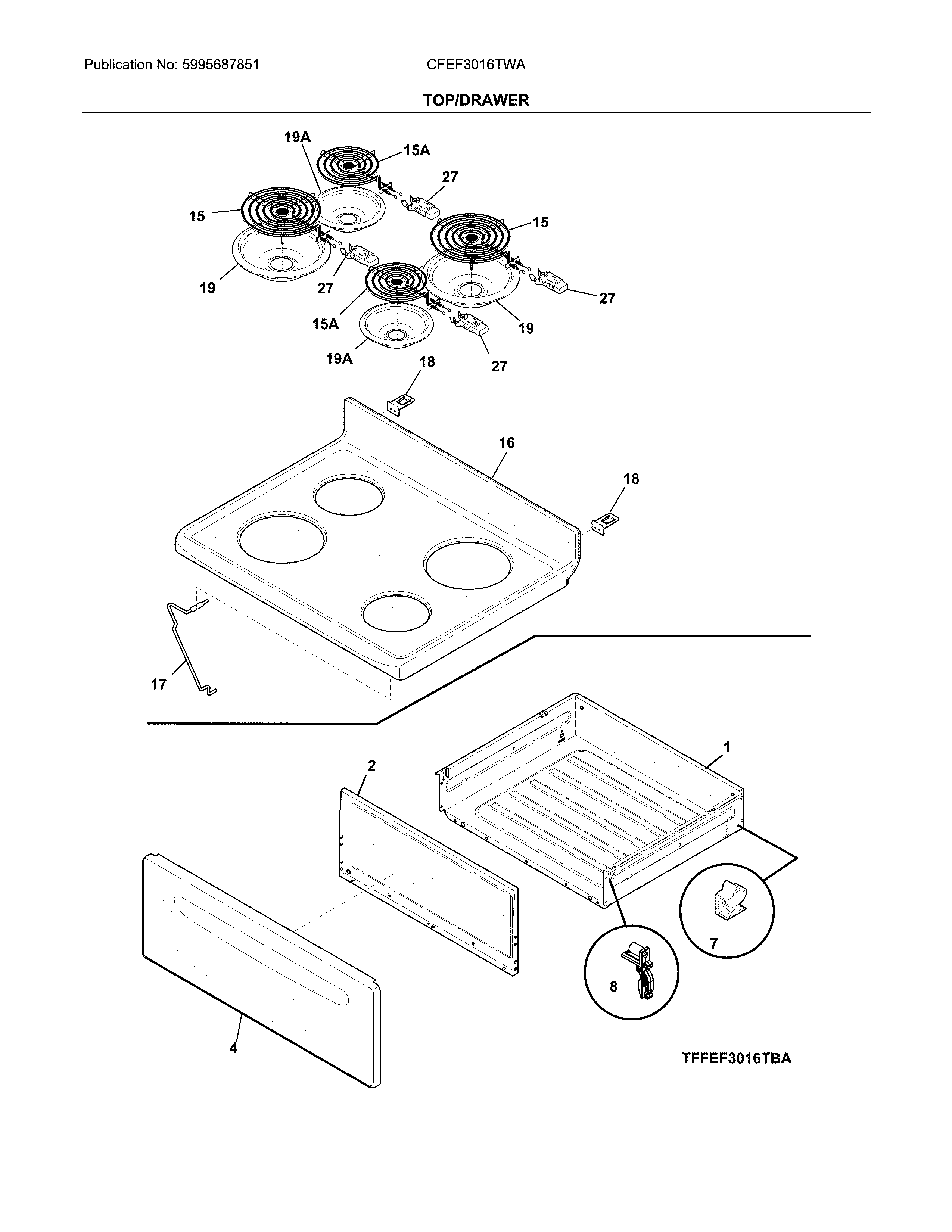 Frigidaire CFEF3016TWA top/drawer diagram