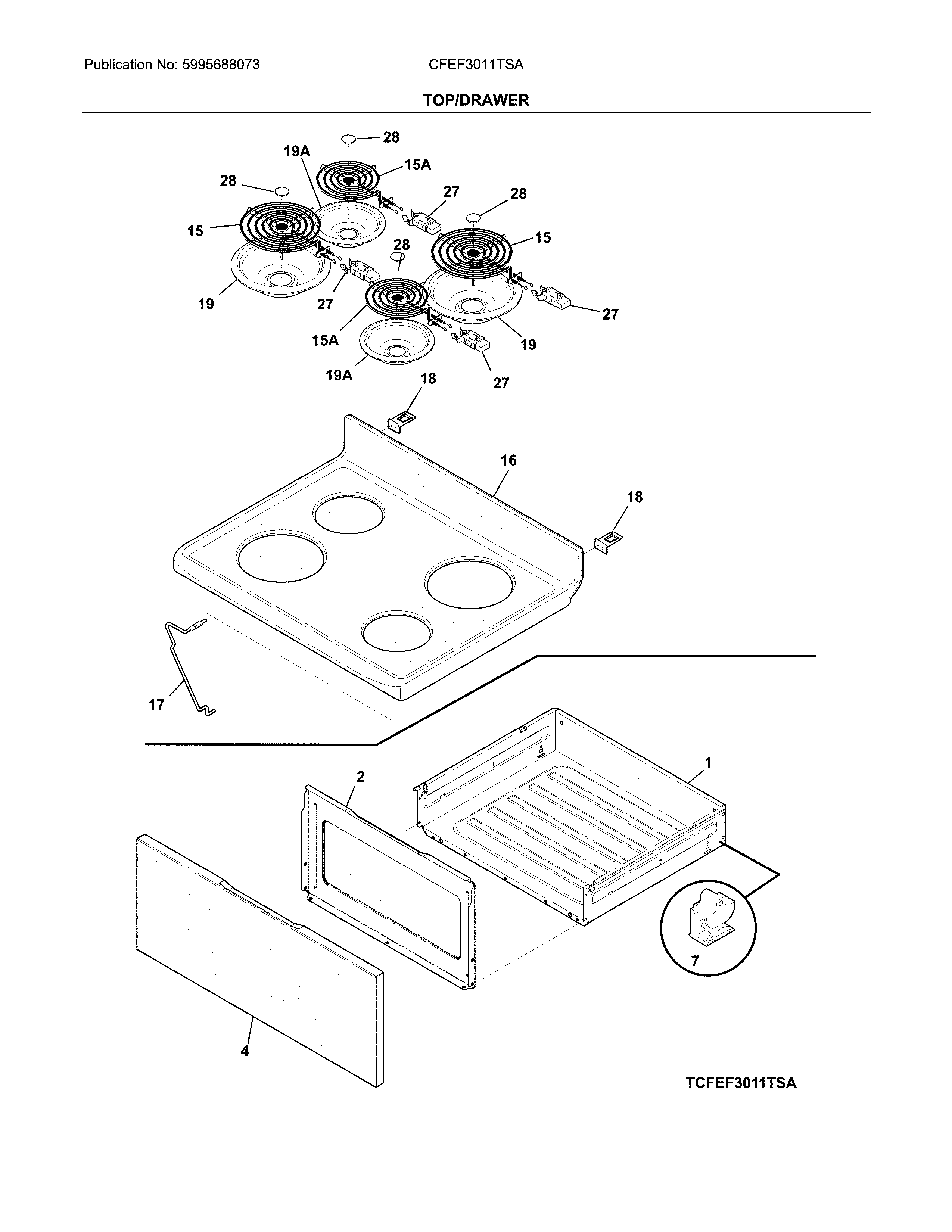 Frigidaire CFEF3011TSA top/drawer diagram