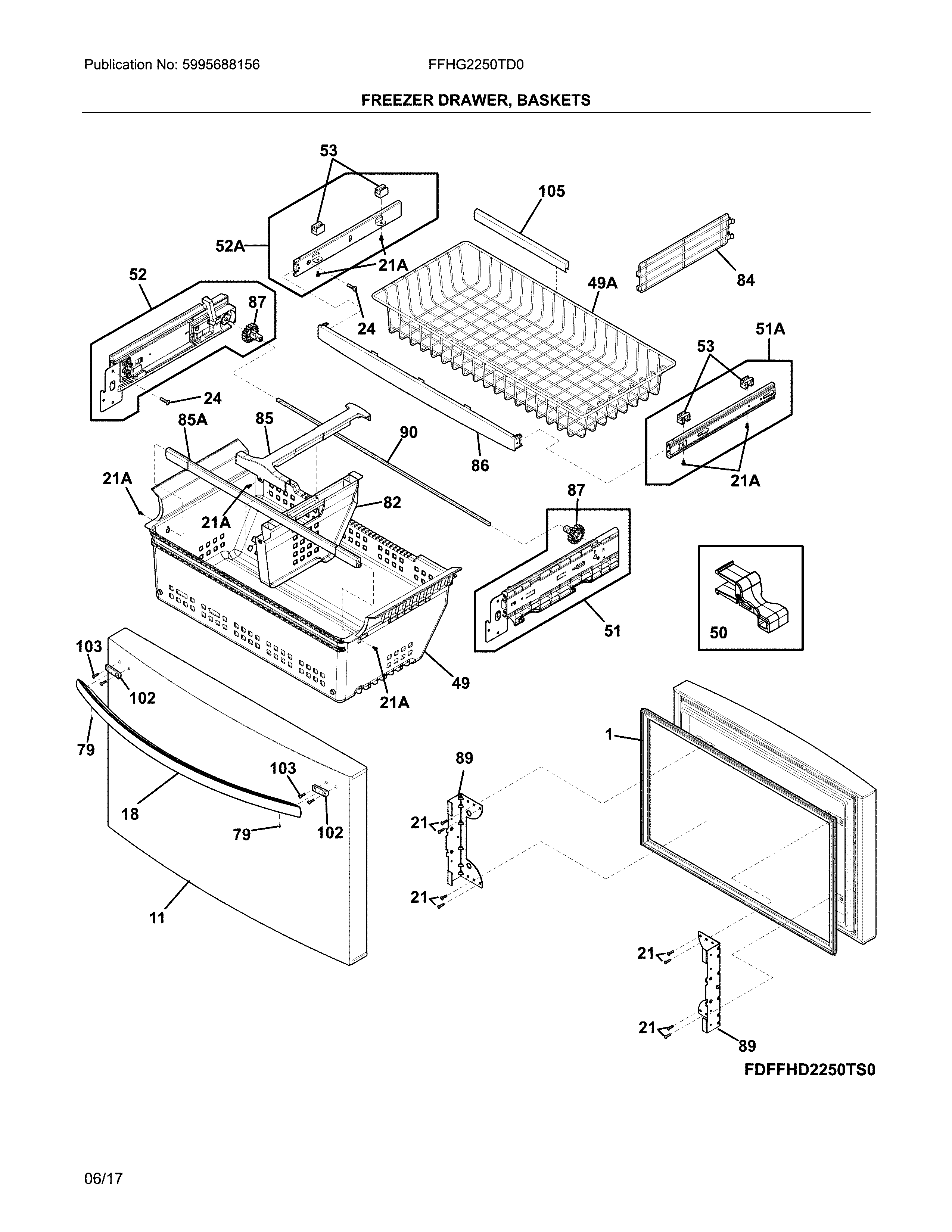 Frigidaire FFHG2250TD0 freezer drawer, baskets diagram