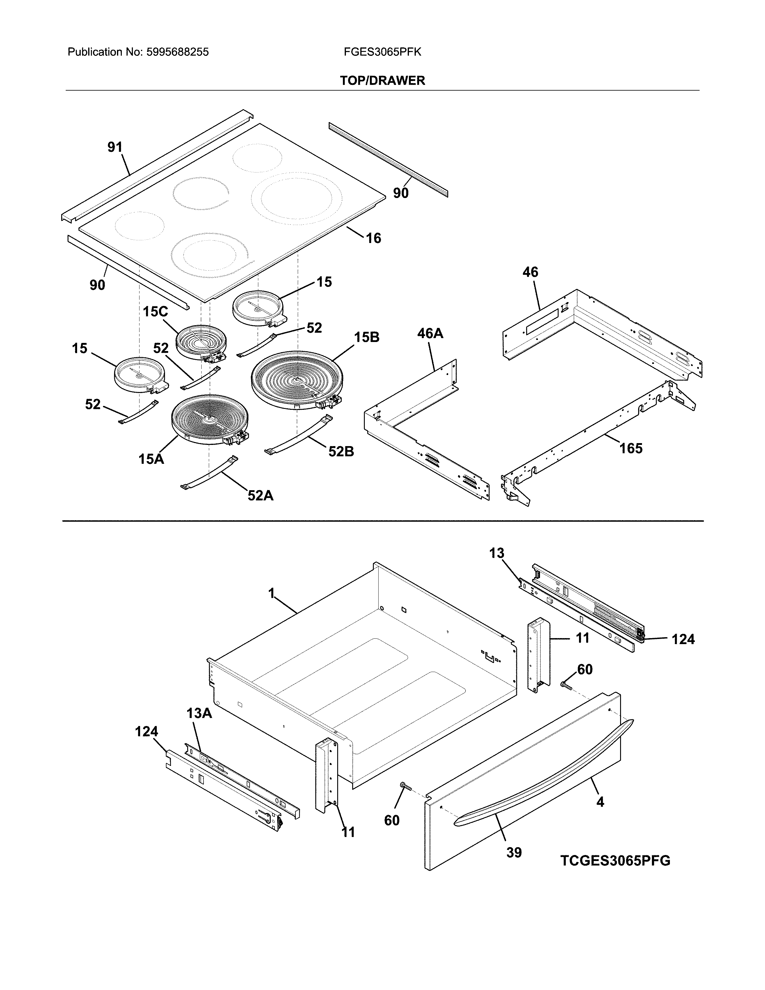 Frigidaire FGES3065PFK top/drawer diagram