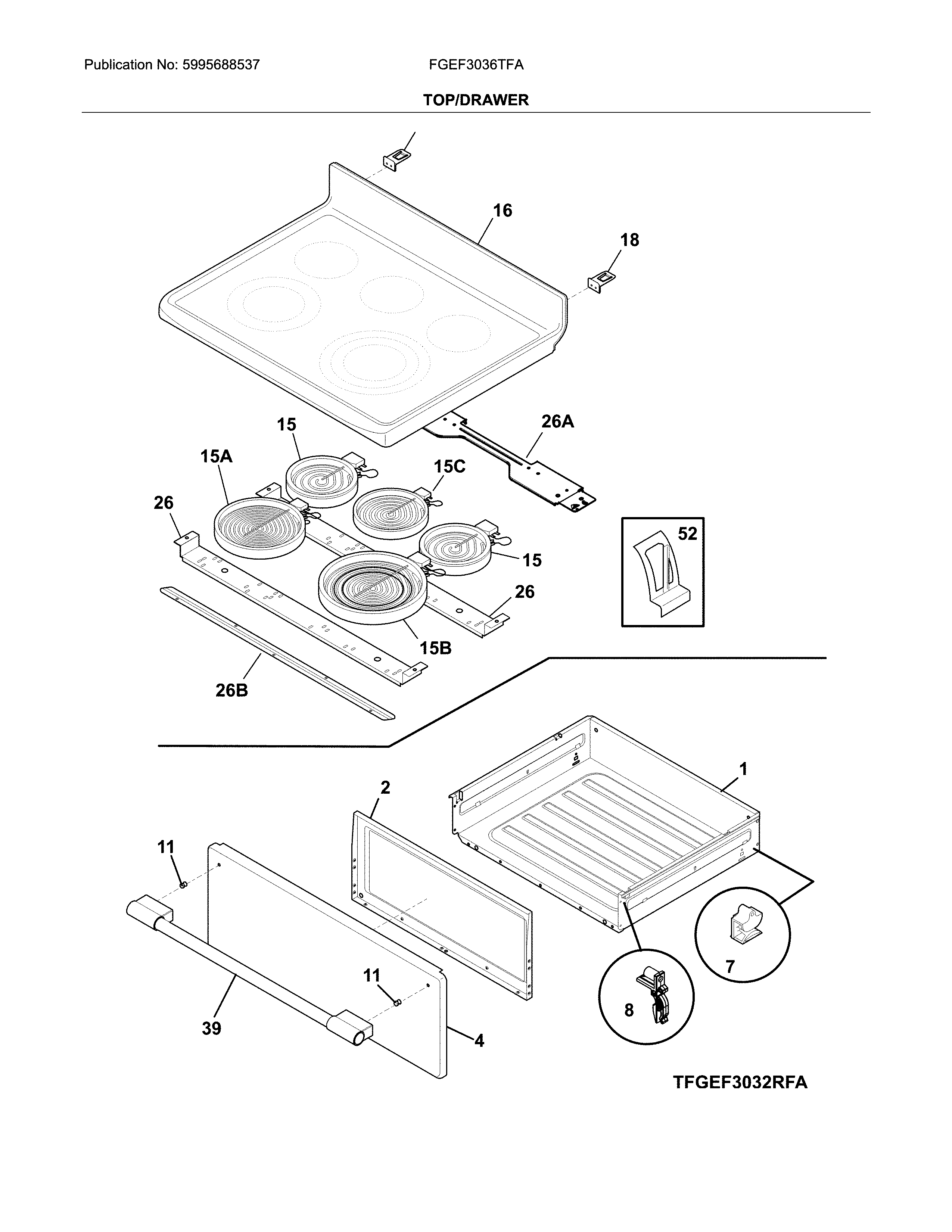 Frigidaire FGEF3036TFA top/drawer diagram
