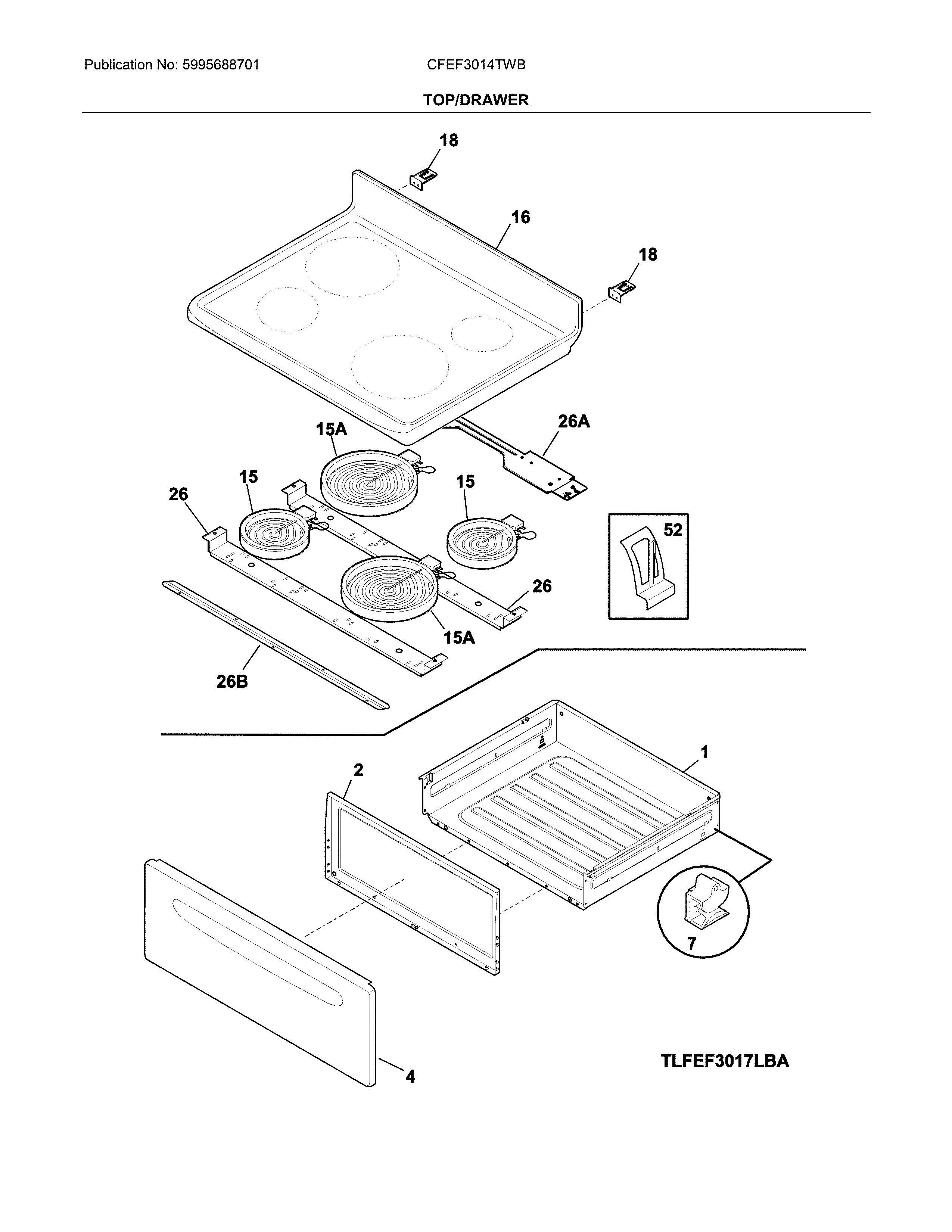 Frigidaire CFEF3014TWB top/drawer diagram