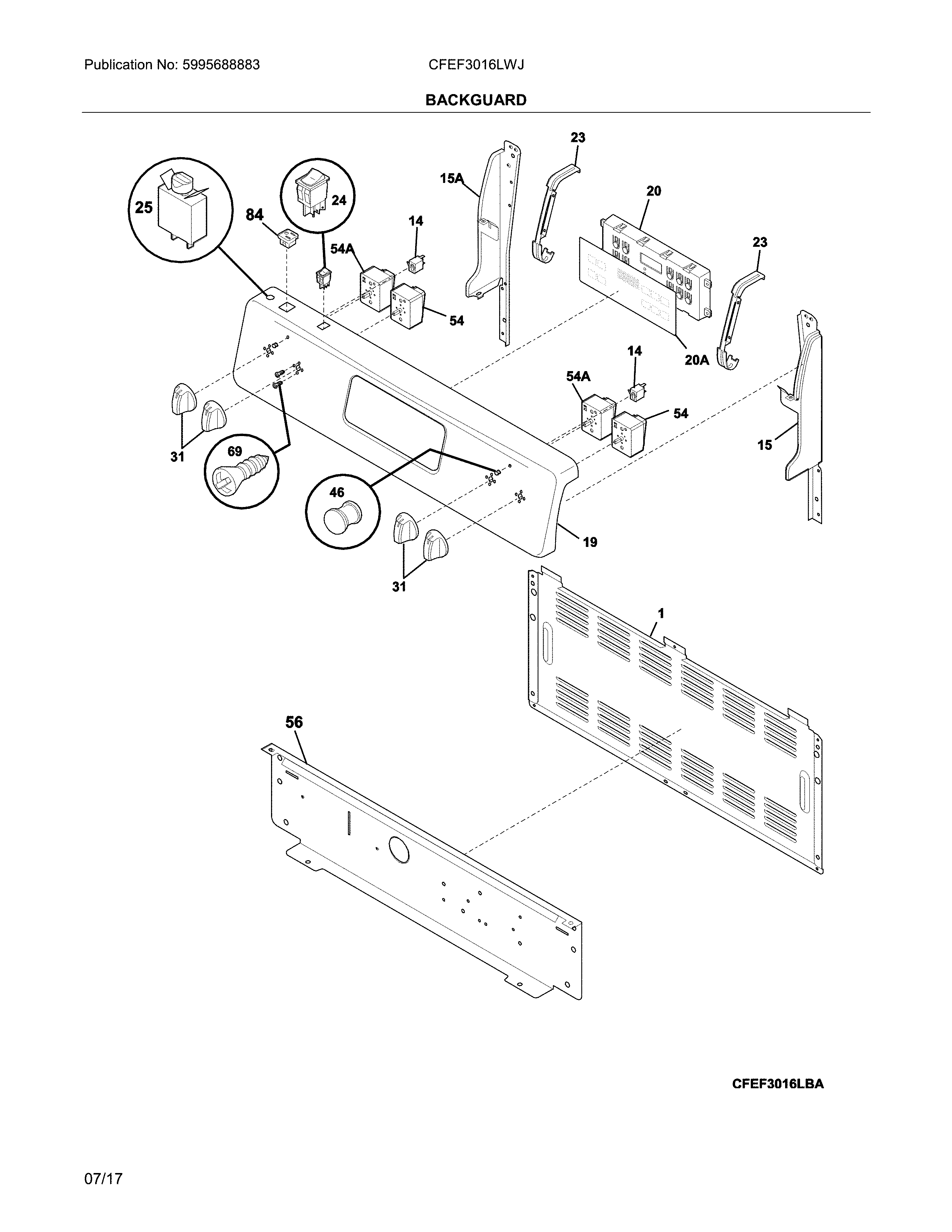 Frigidaire CFEF3016LWJ backguard diagram