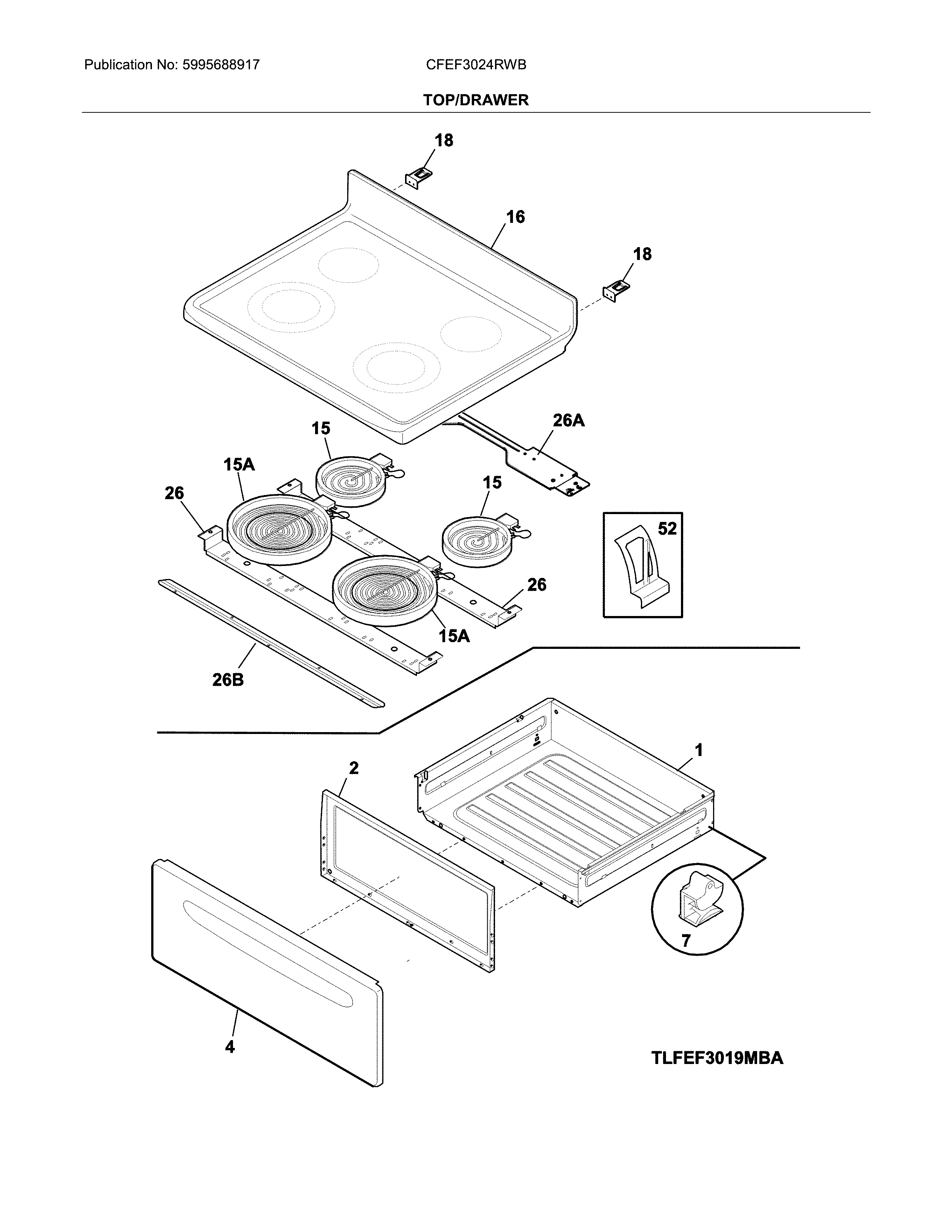 Frigidaire CFEF3024RWB top/drawer diagram