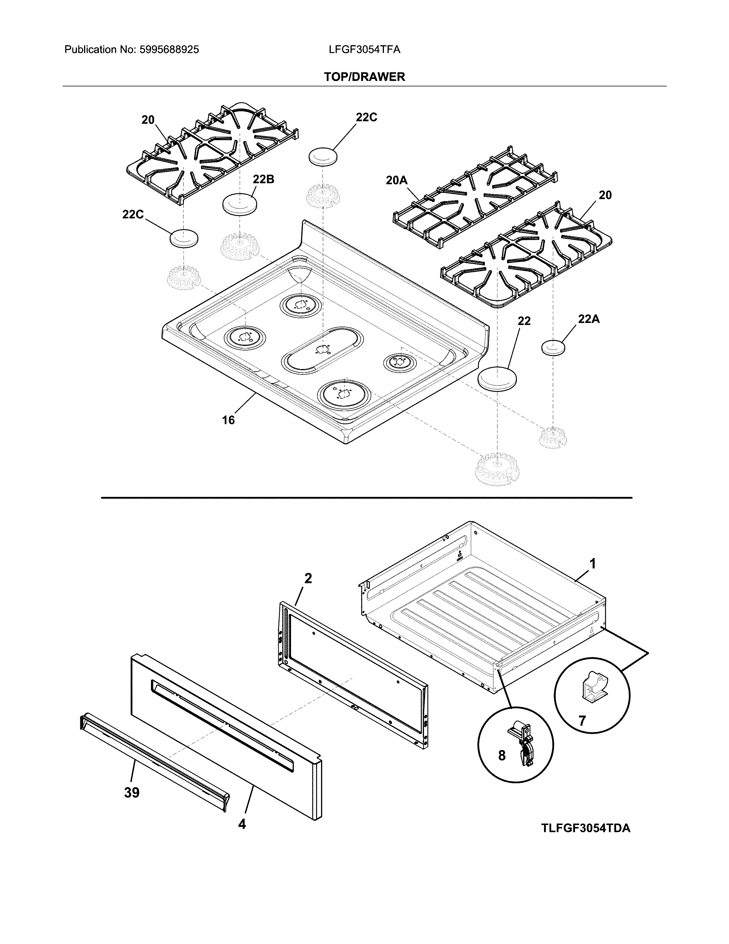 Frigidaire LFGF3054TFA top/drawer diagram
