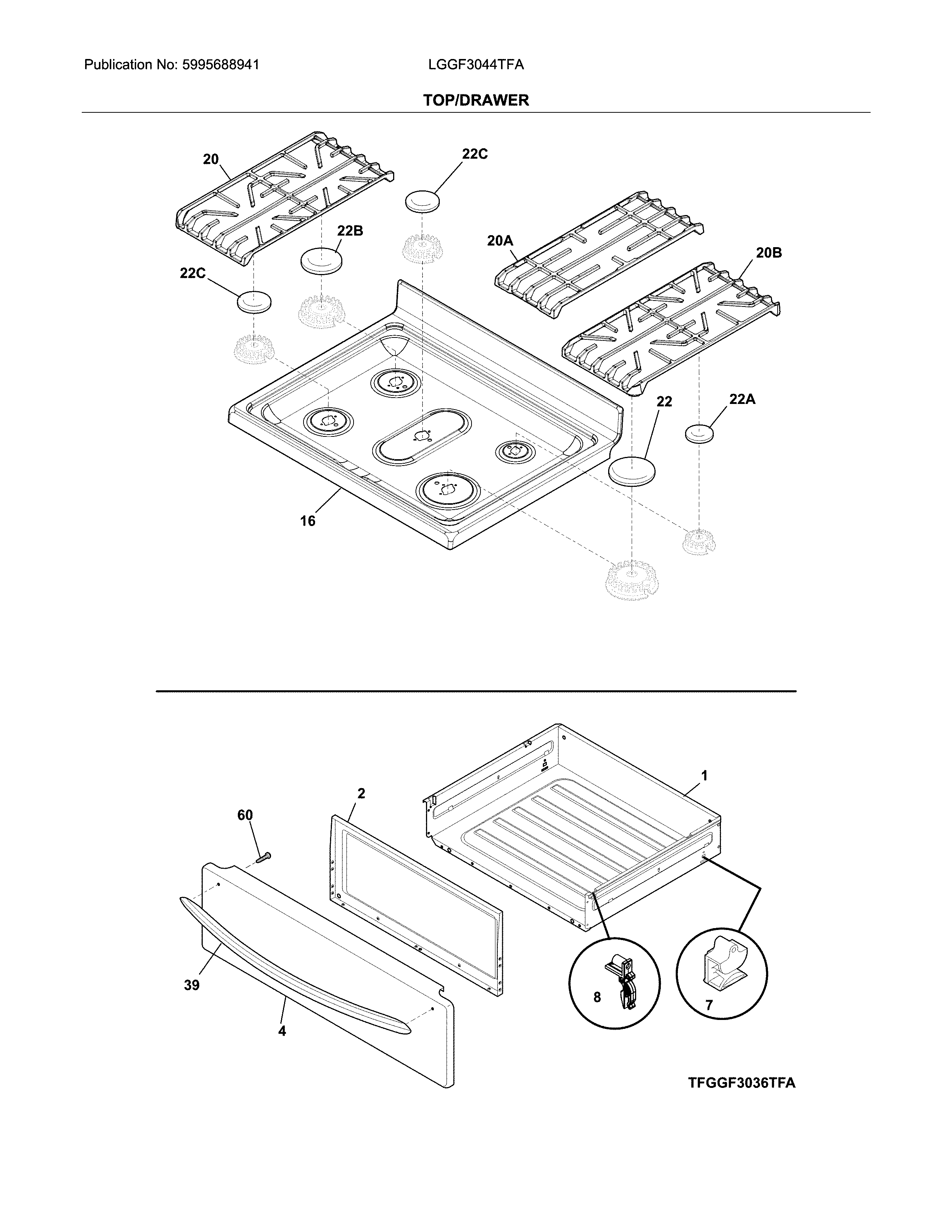Frigidaire LGGF3044TFA top/drawer diagram