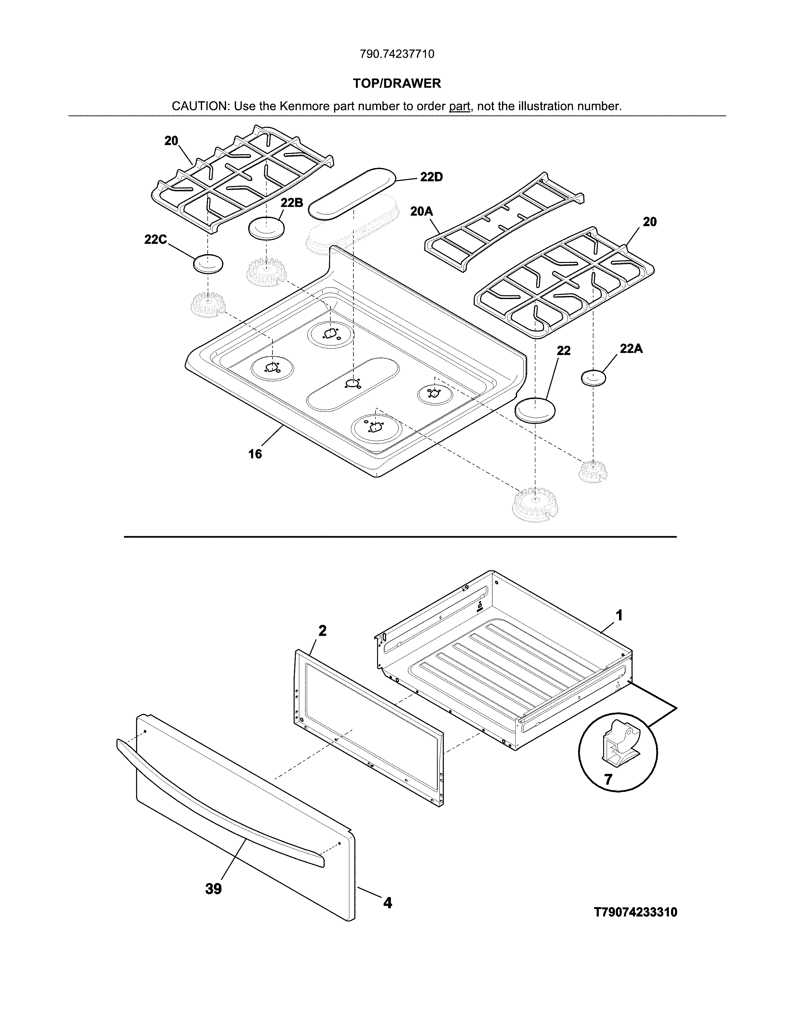 Kenmore 79074237710 top/drawer diagram