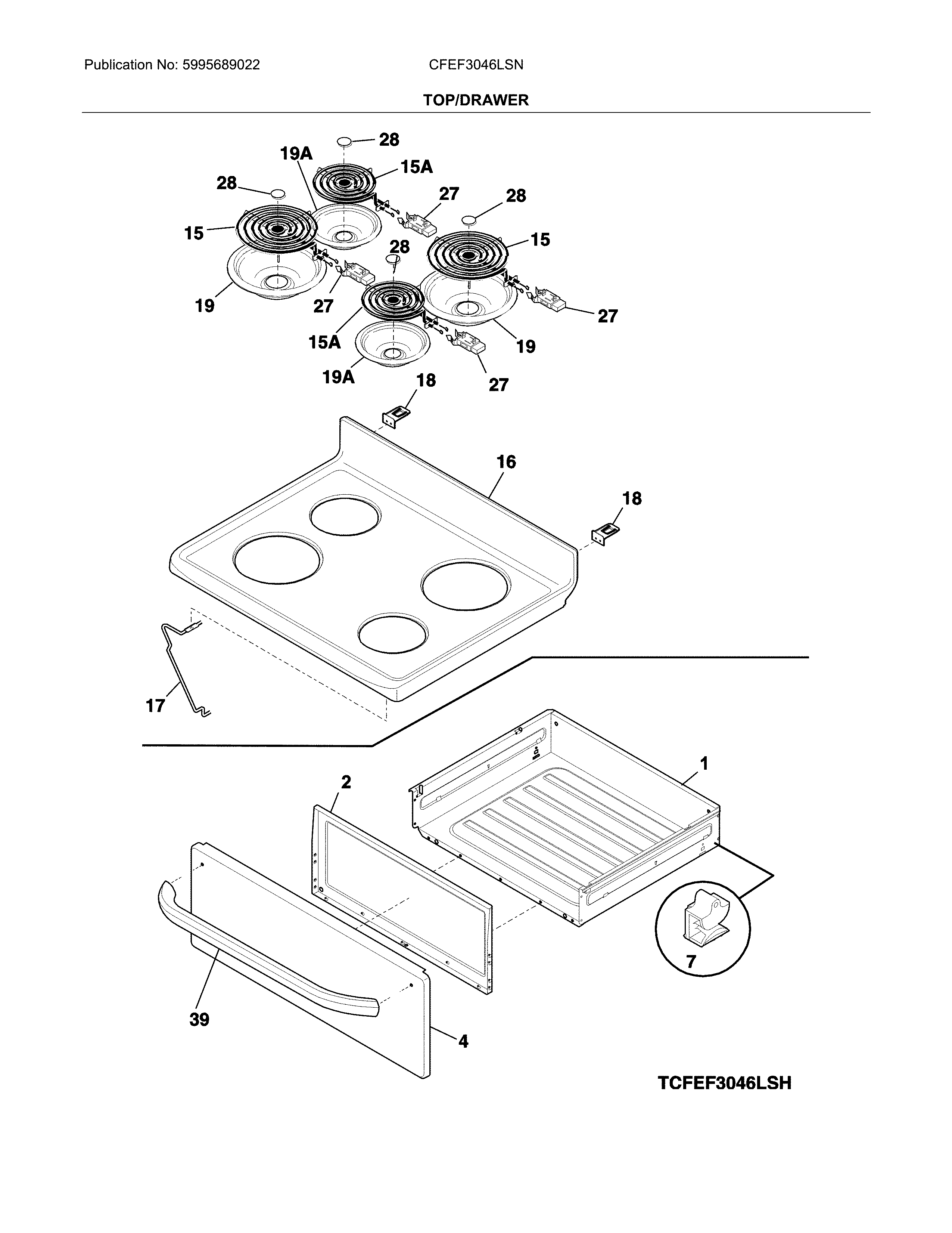 Frigidaire CFEF3046LSN top/drawer diagram