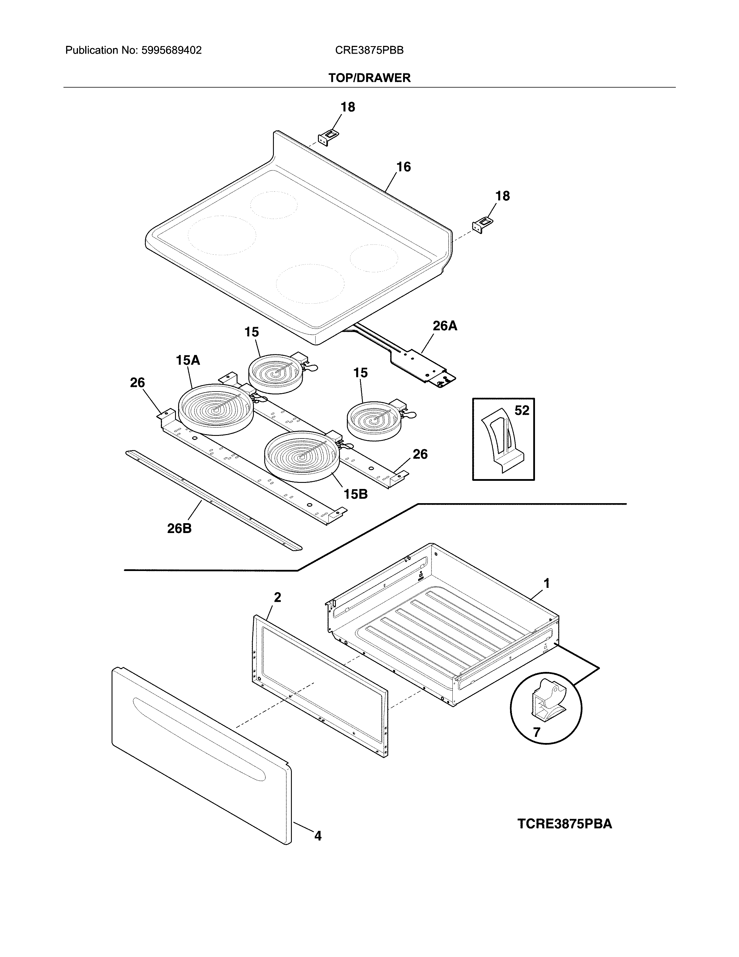 Crosley CRE3875PBB top/drawer diagram